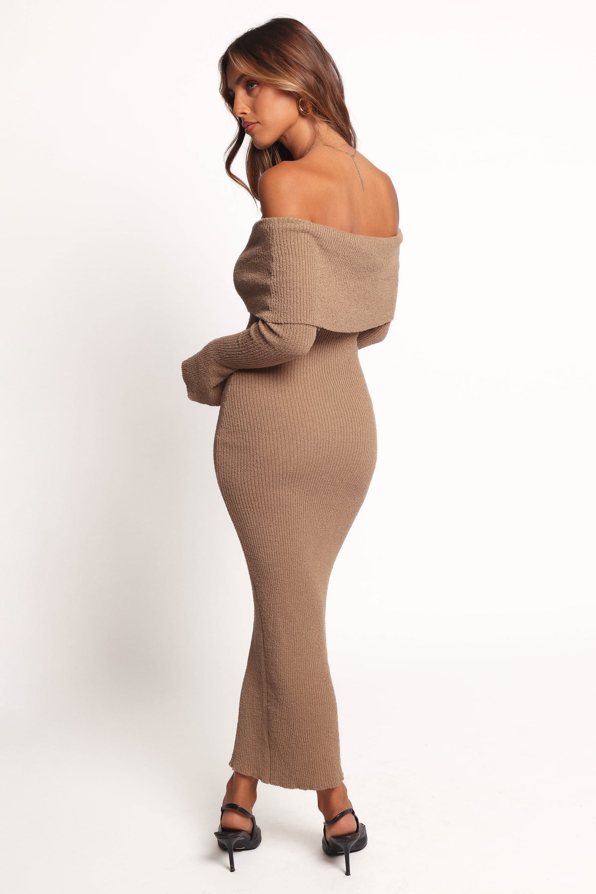 Domitia Off Shoulder Knit Dress in Brown – view 3 of 6