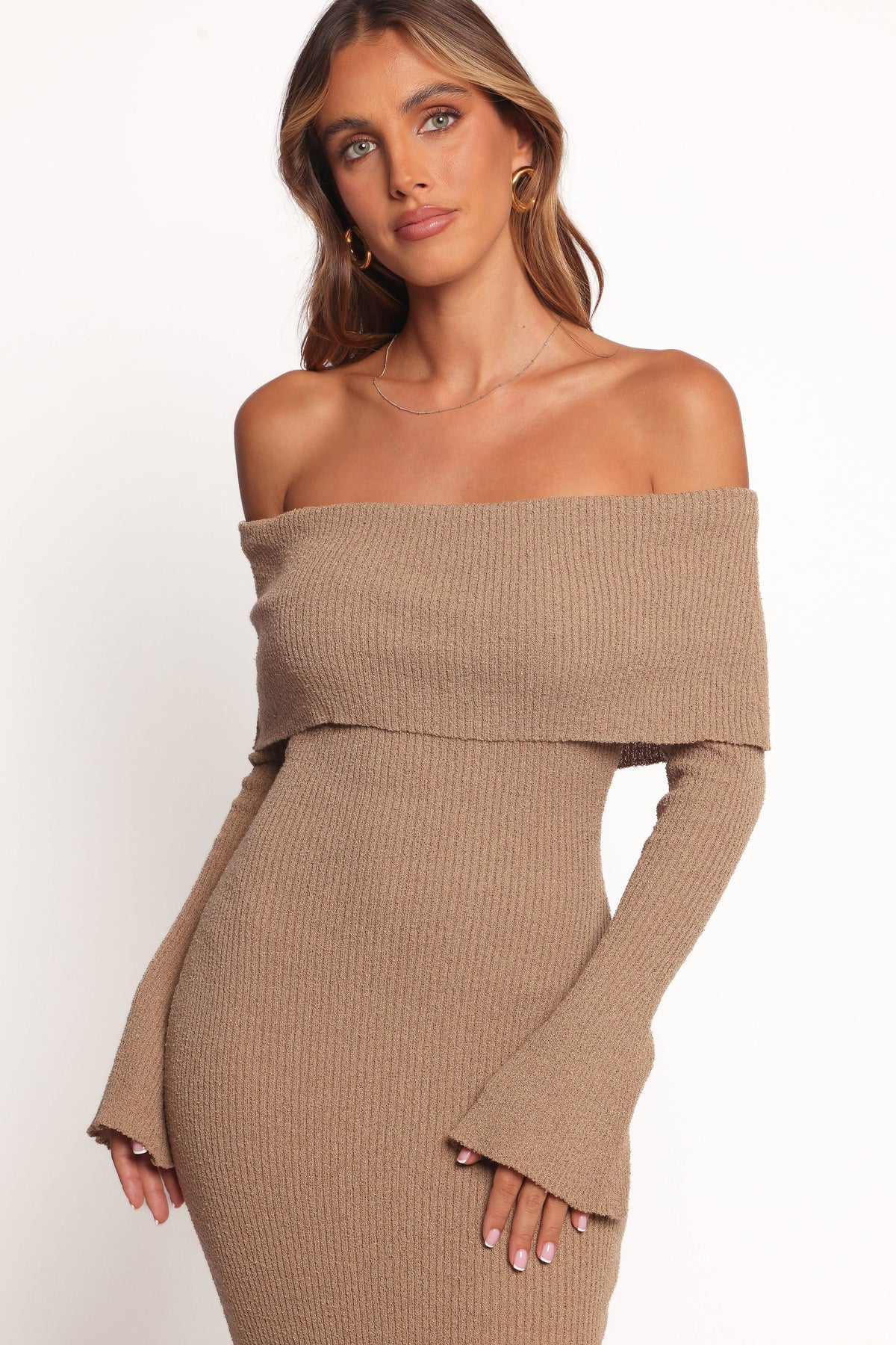Domitia Off Shoulder Knit Dress in Brown – view 5 of 6