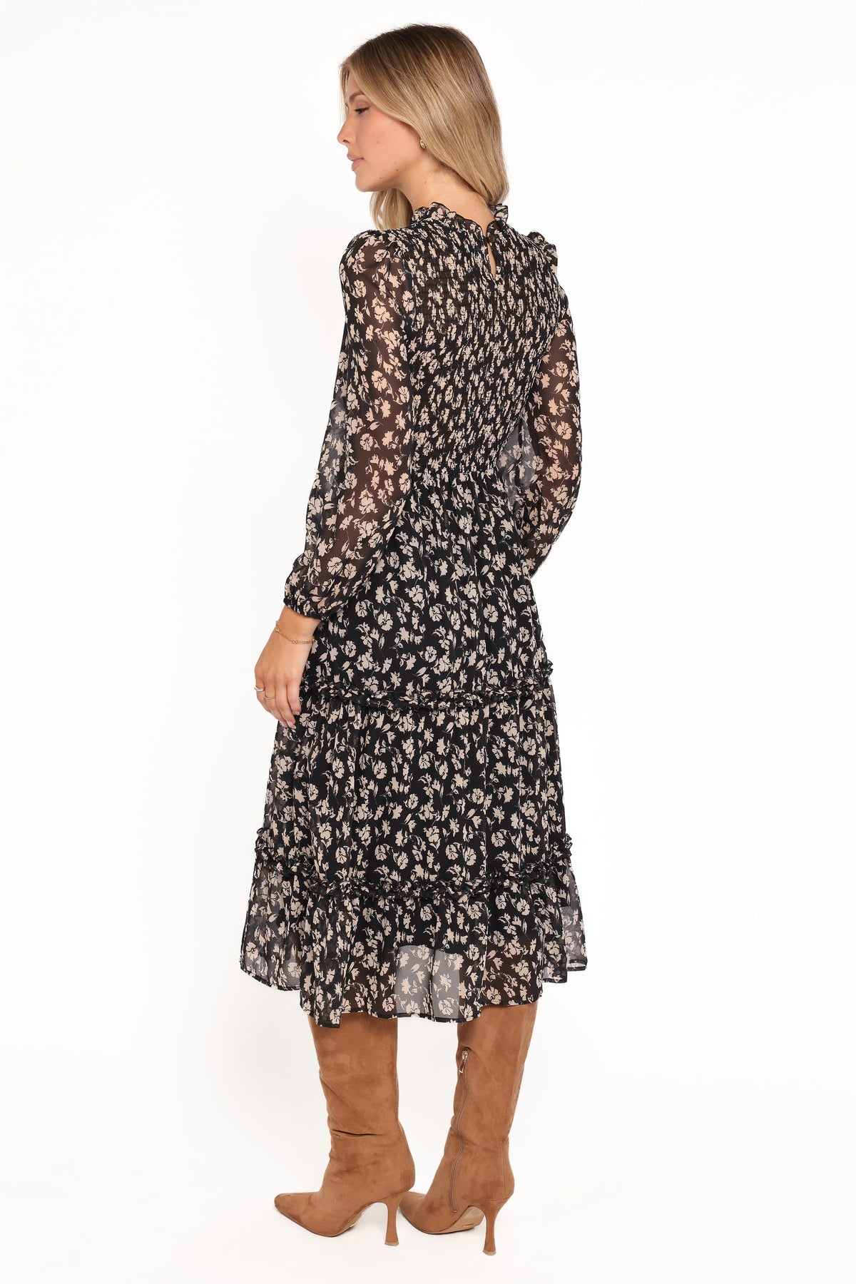 Edwina Shirred Frill Long Sleeve Midi Dress in Black Ditsy Floral – view 4 of 6