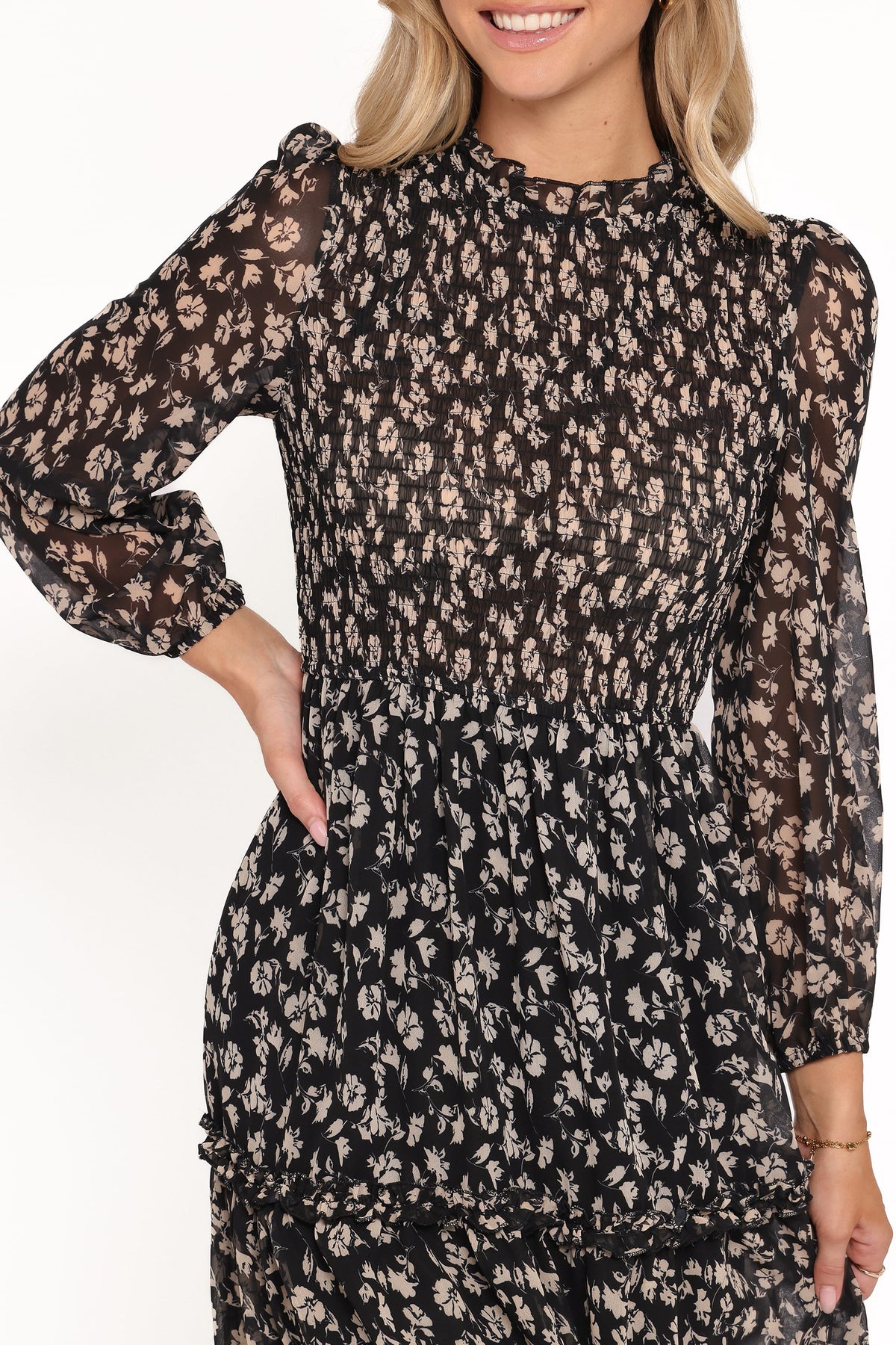 Edwina Shirred Frill Long Sleeve Midi Dress in Black Ditsy Floral – view 5 of 6
