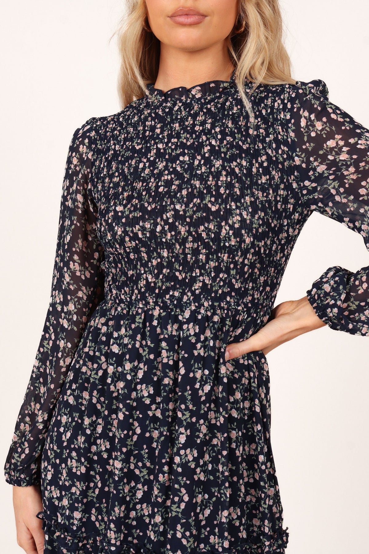 Edwina Shirred Frill Long Sleeve Midi Dress in Navy Floral – view 3 of 5