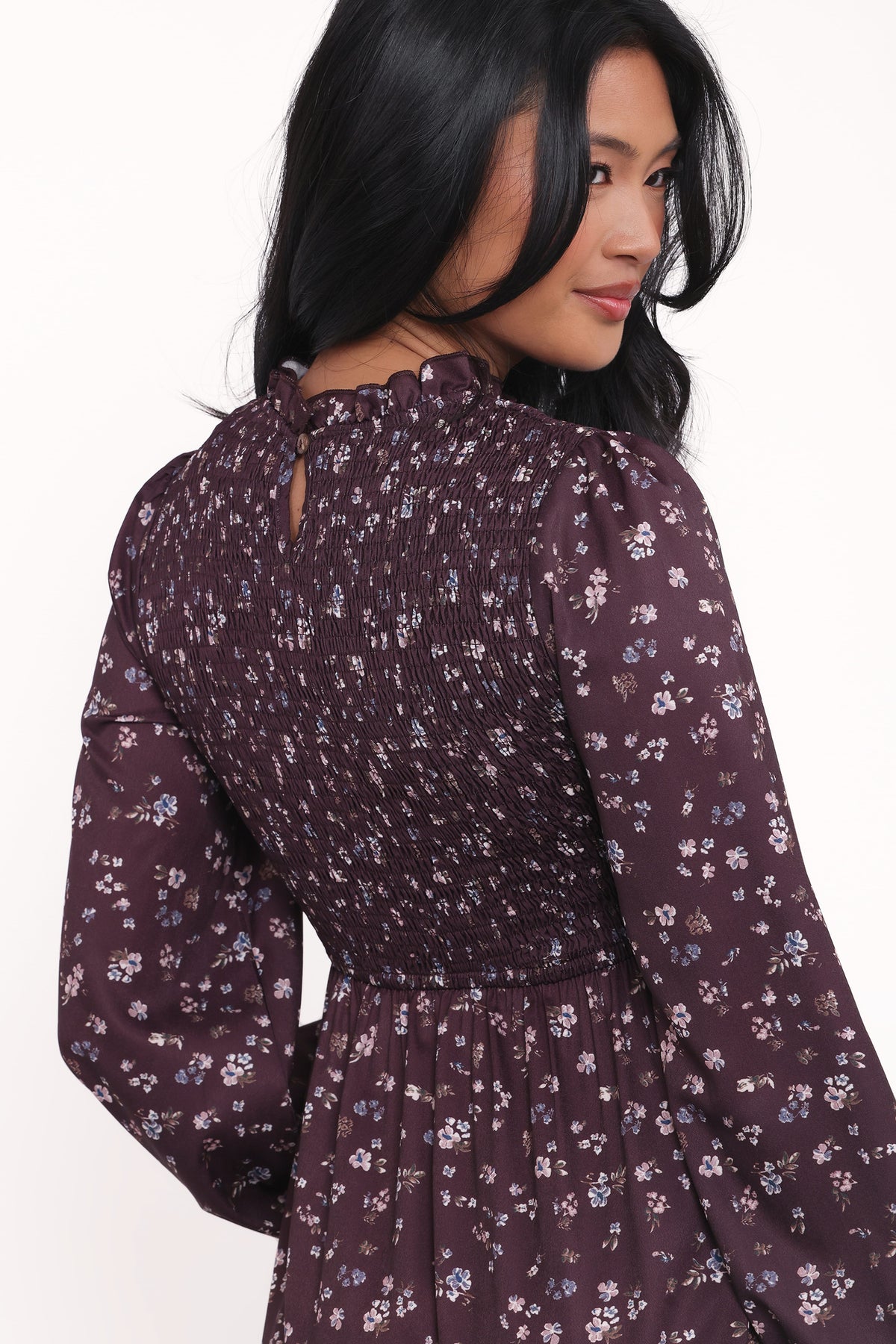 Edwina Shirred Frill Long Sleeve Midi Dress in Plum Floral – view 5 of 6
