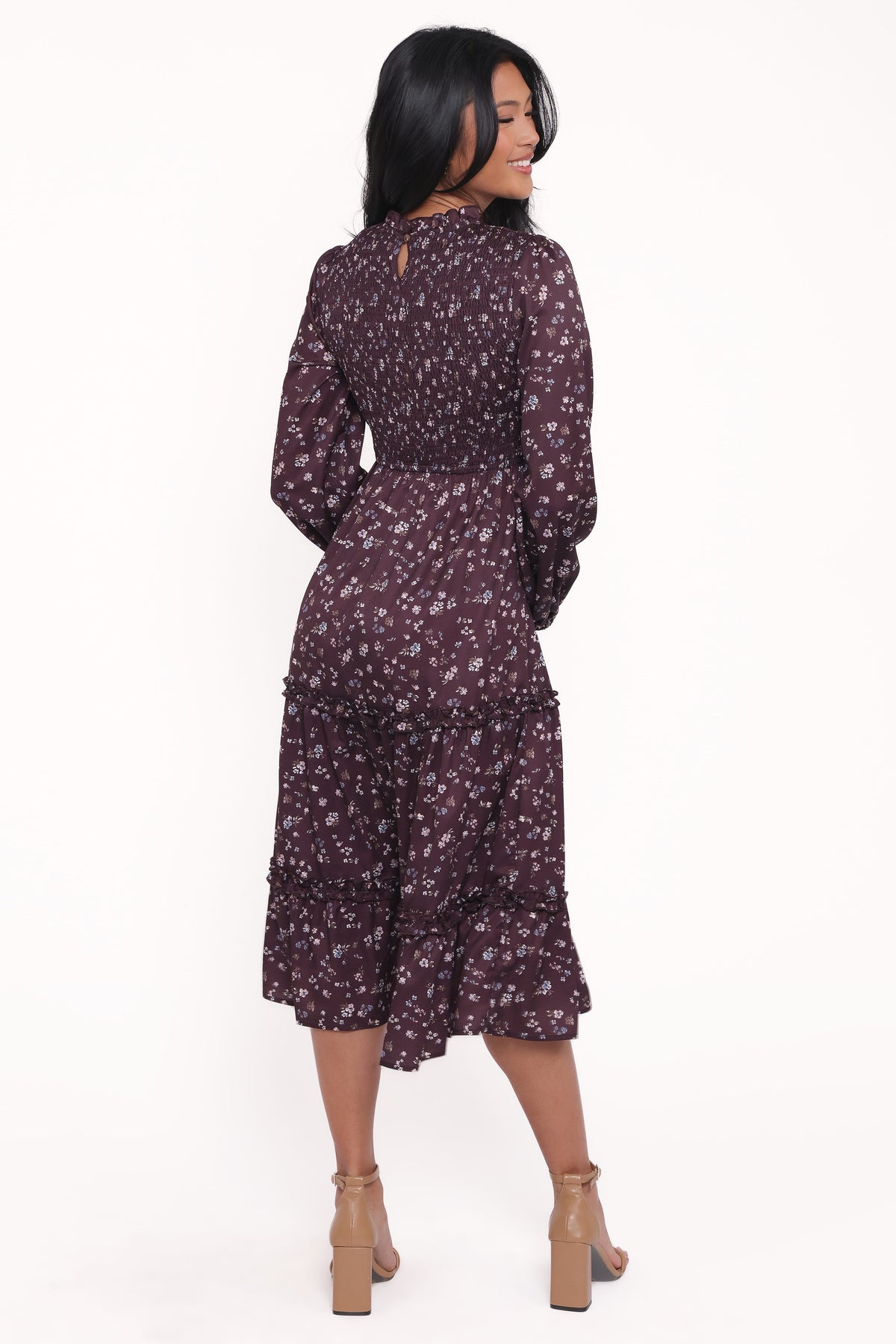 Edwina Shirred Frill Long Sleeve Midi Dress in Plum Floral – view 4 of 6