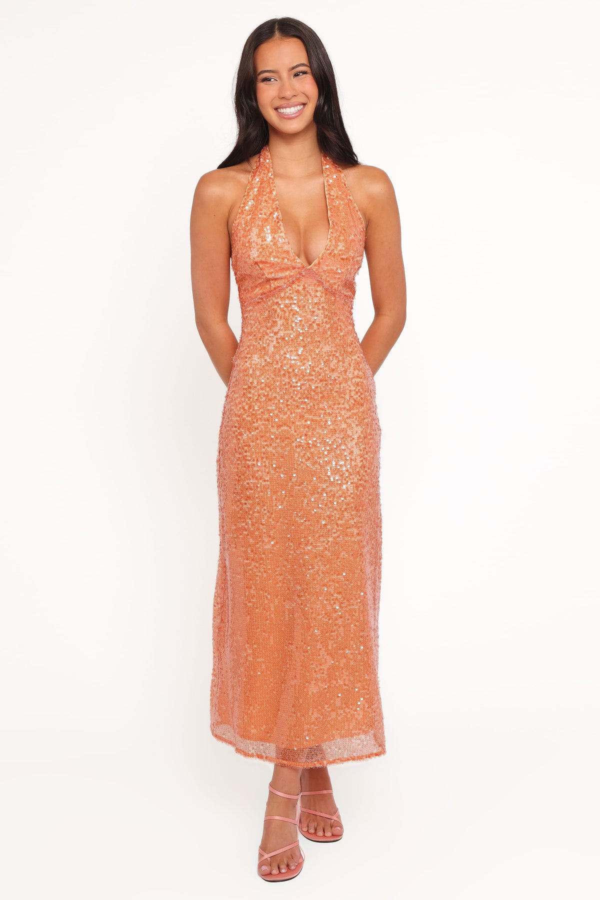 Eisley Halter Midi Dress in Orange Sequin – view 2 of 7