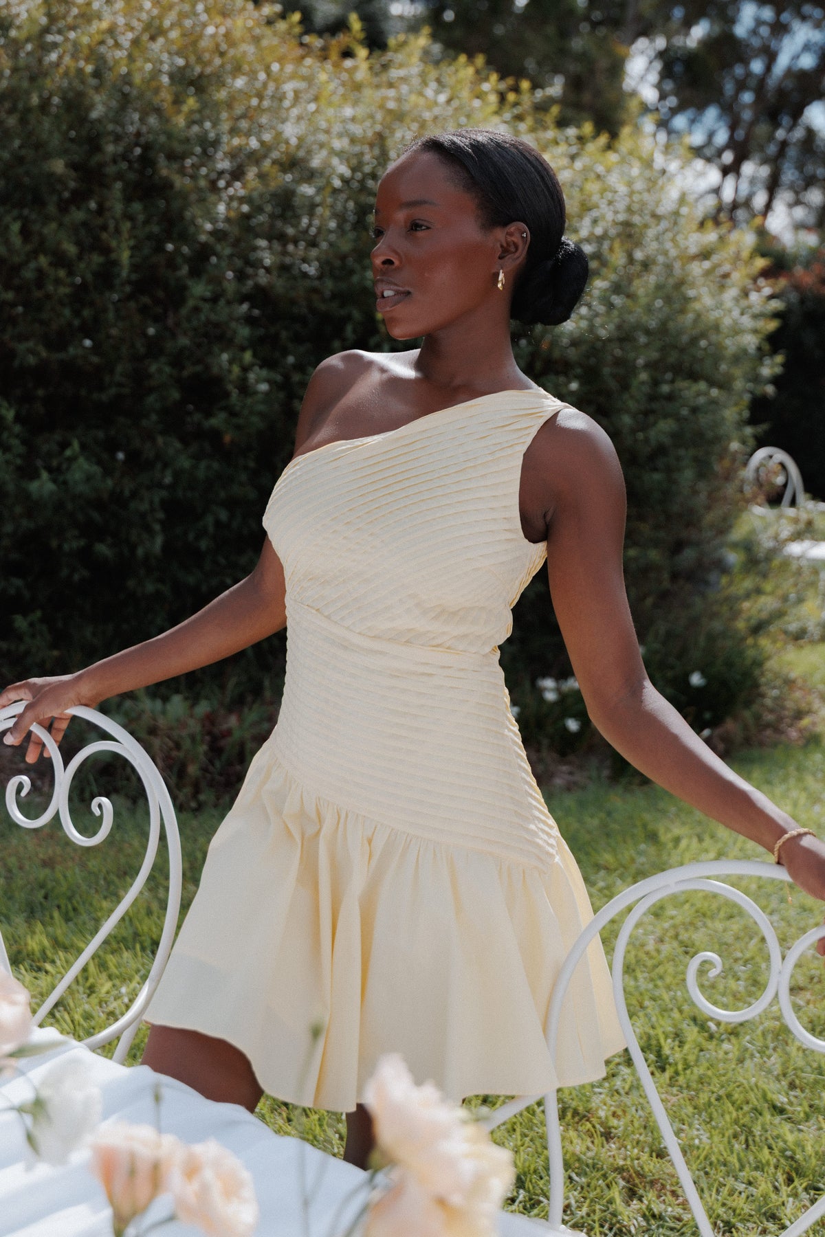 Elaria Off Shoulder Mini Dress in Butter Yellow – view 1 of 7