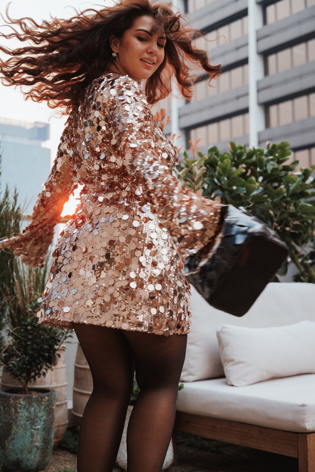 Electra Long Sleeve Mini Dress in Gold – view 8 of 8