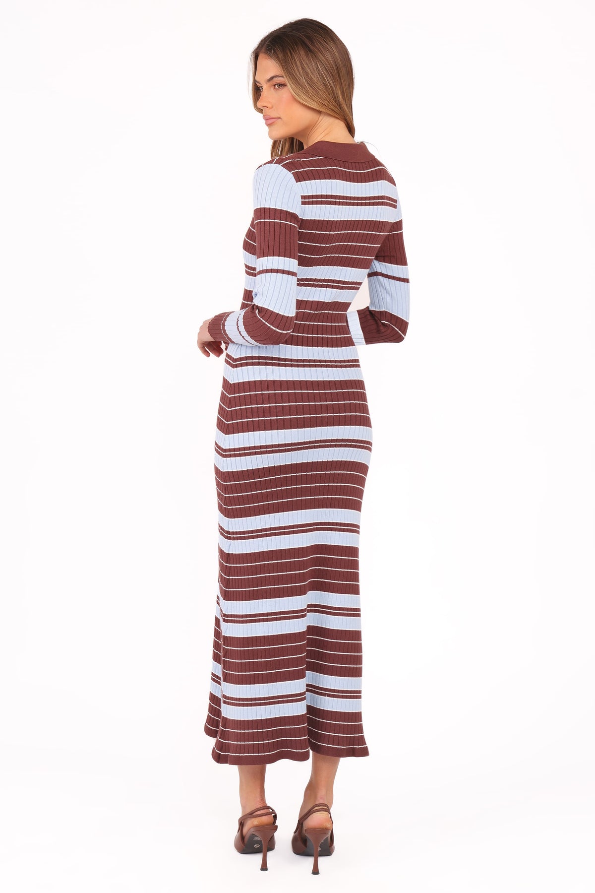 Eliana Long Sleeve Midi Dress in Brown Blue Stripe – view 4 of 5