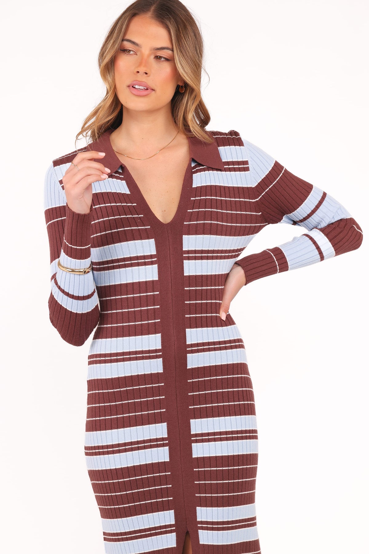 Eliana Long Sleeve Midi Dress in Brown Blue Stripe – view 2 of 5