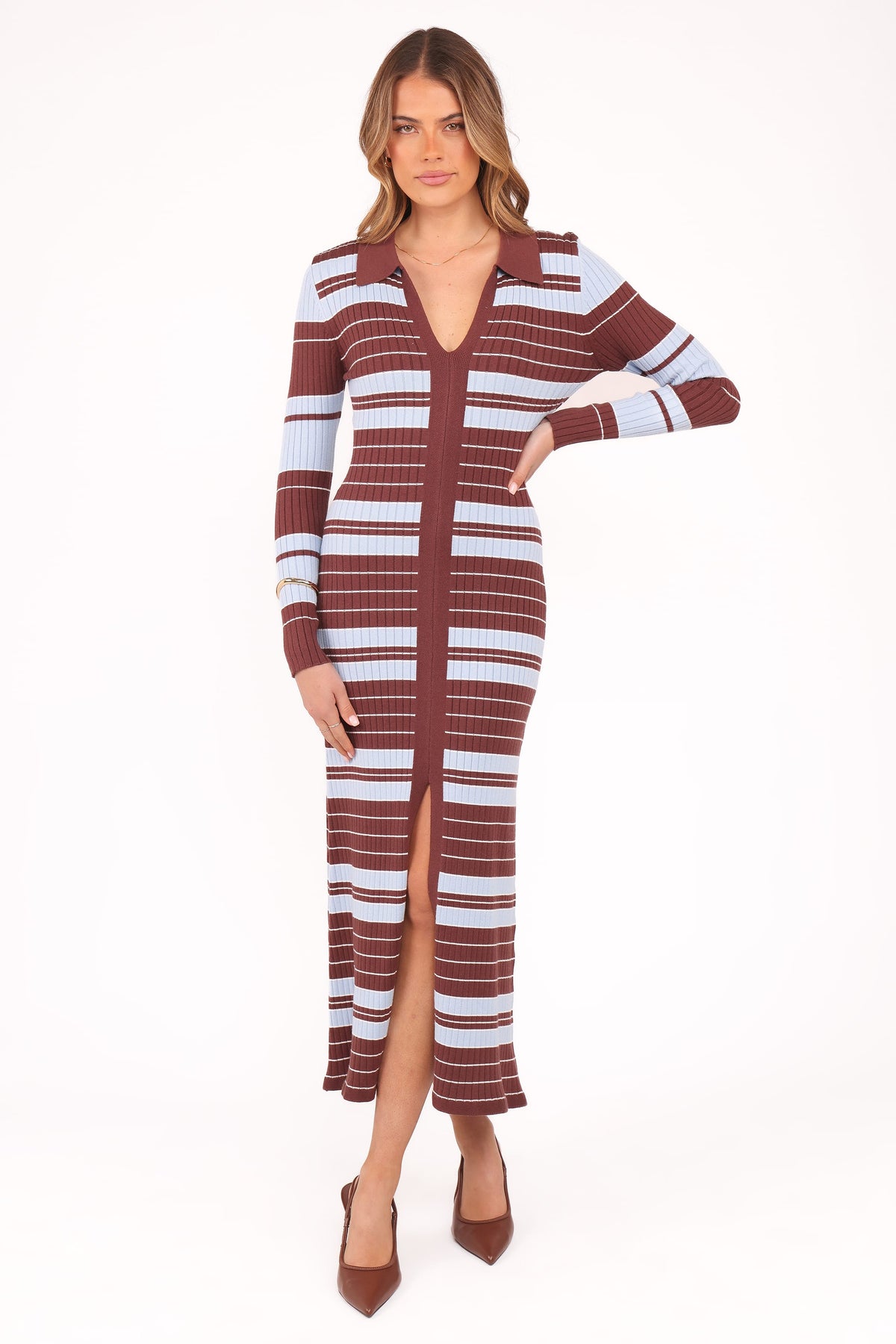 Eliana Long Sleeve Midi Dress in Brown Blue Stripe – view 1 of 5