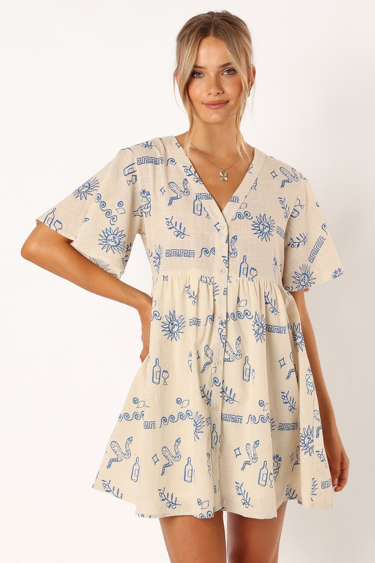 Elias Mini Dress in Beige Blue – view 1 of 9