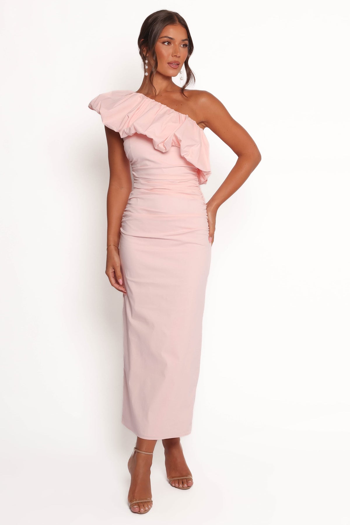 Eliya One Shoulder Frill Maxi Dress in Ballet Pink – view 2 of 8