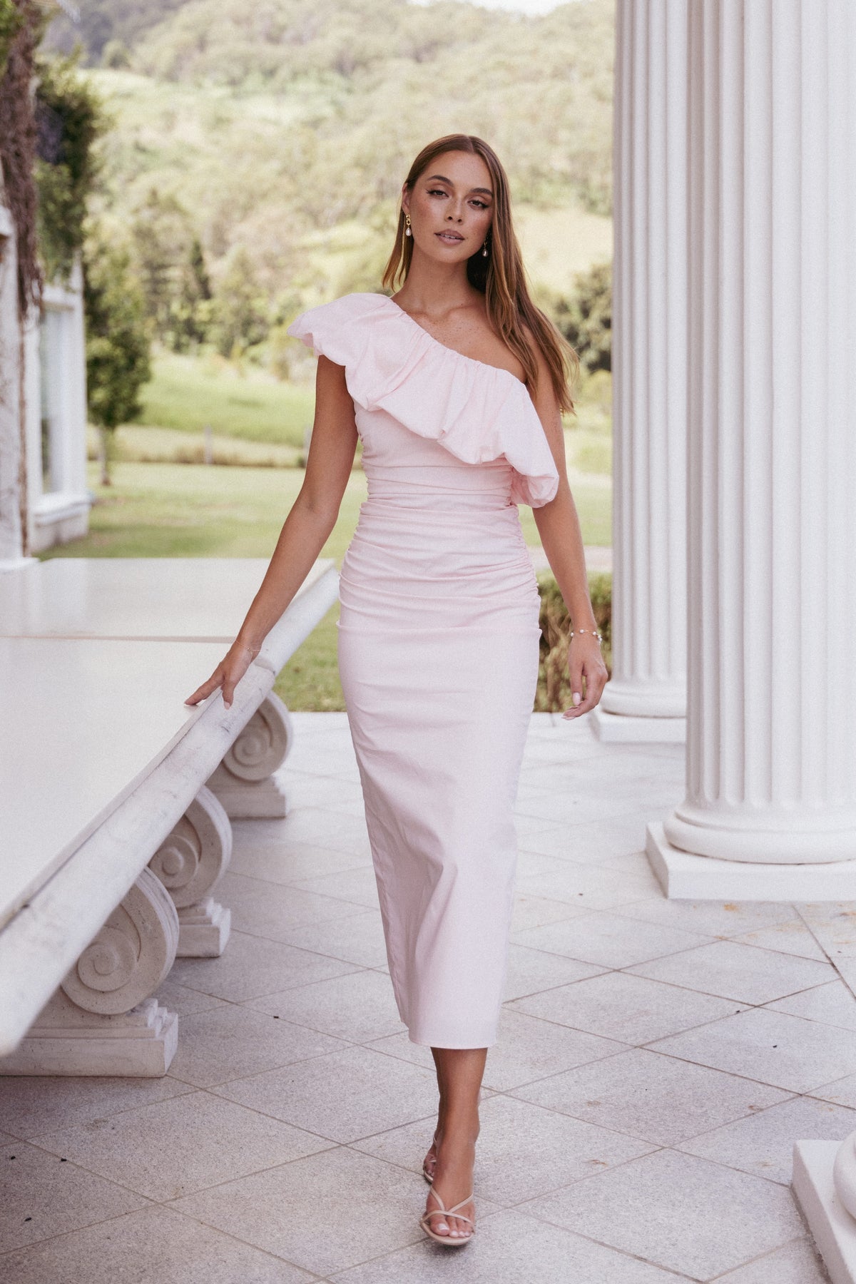 Eliya One Shoulder Frill Maxi Dress in Ballet Pink – view 1 of 8