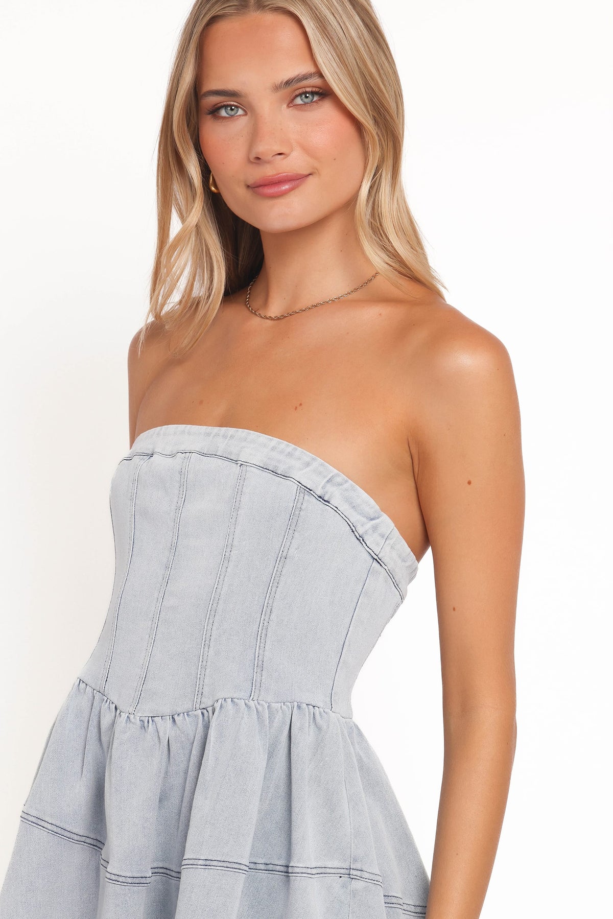 Ellen Strapless Mini Dress in Light Denim – view 6 of 7