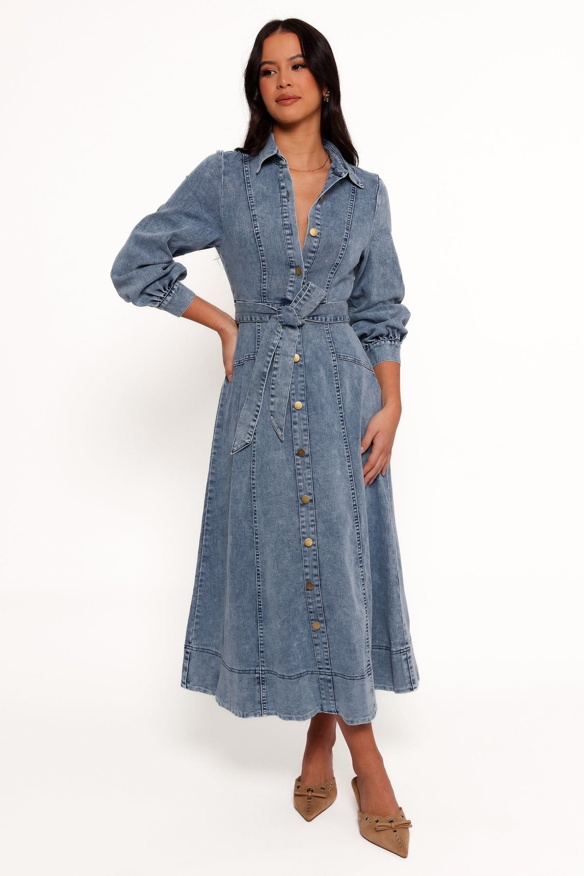 Emberly Long Sleeve Maxi Dress in Denim – view 1 of 7