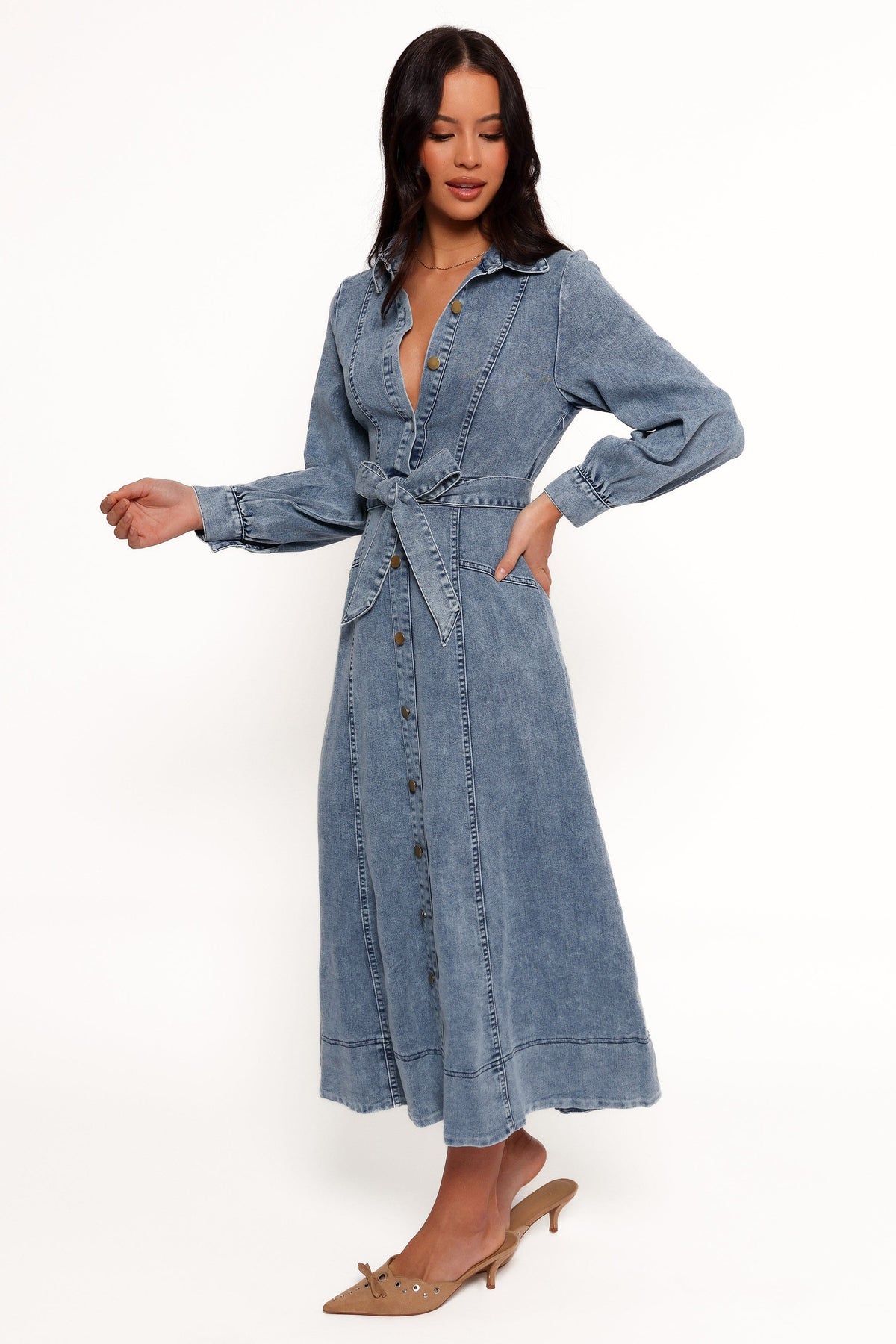 Emberly Long Sleeve Maxi Dress in Denim – view 2 of 7