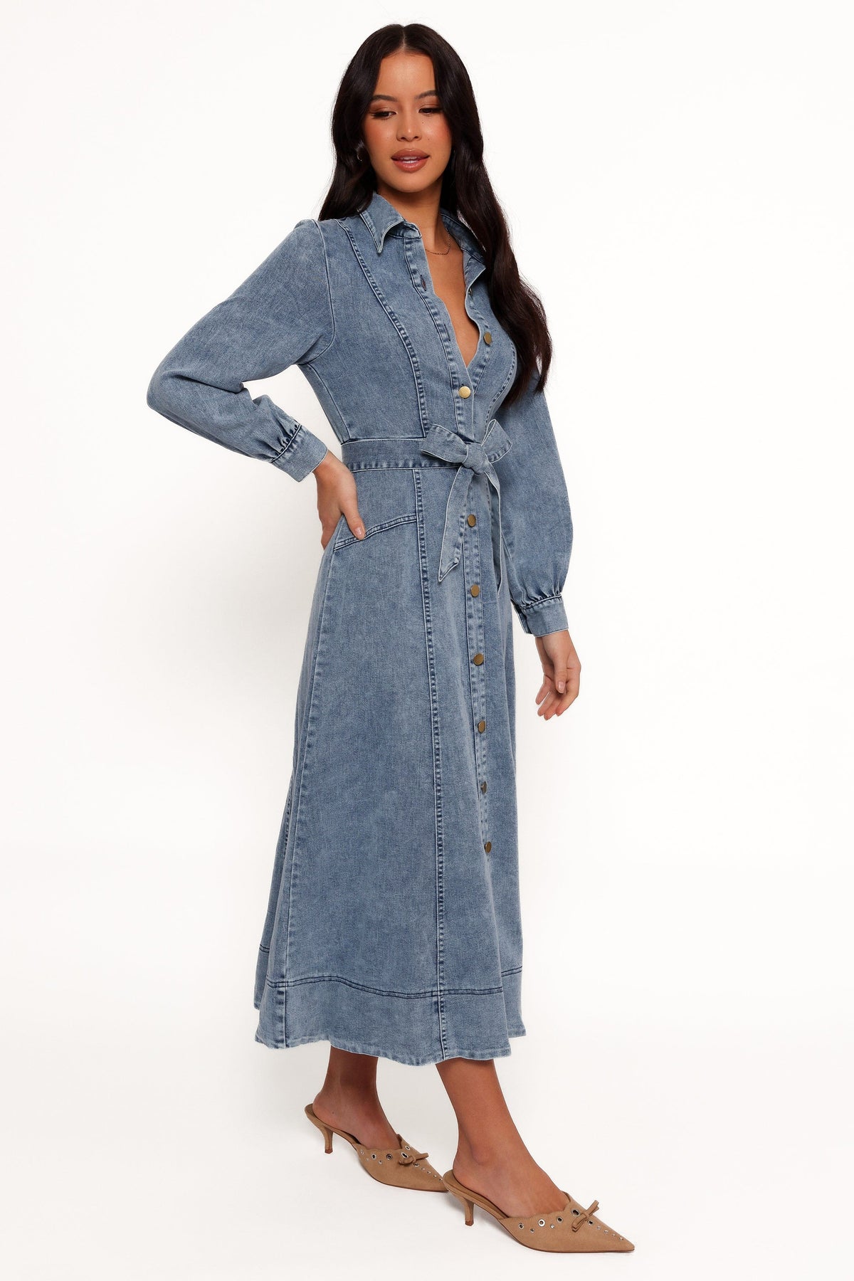 Emberly Long Sleeve Maxi Dress in Denim – view 4 of 7