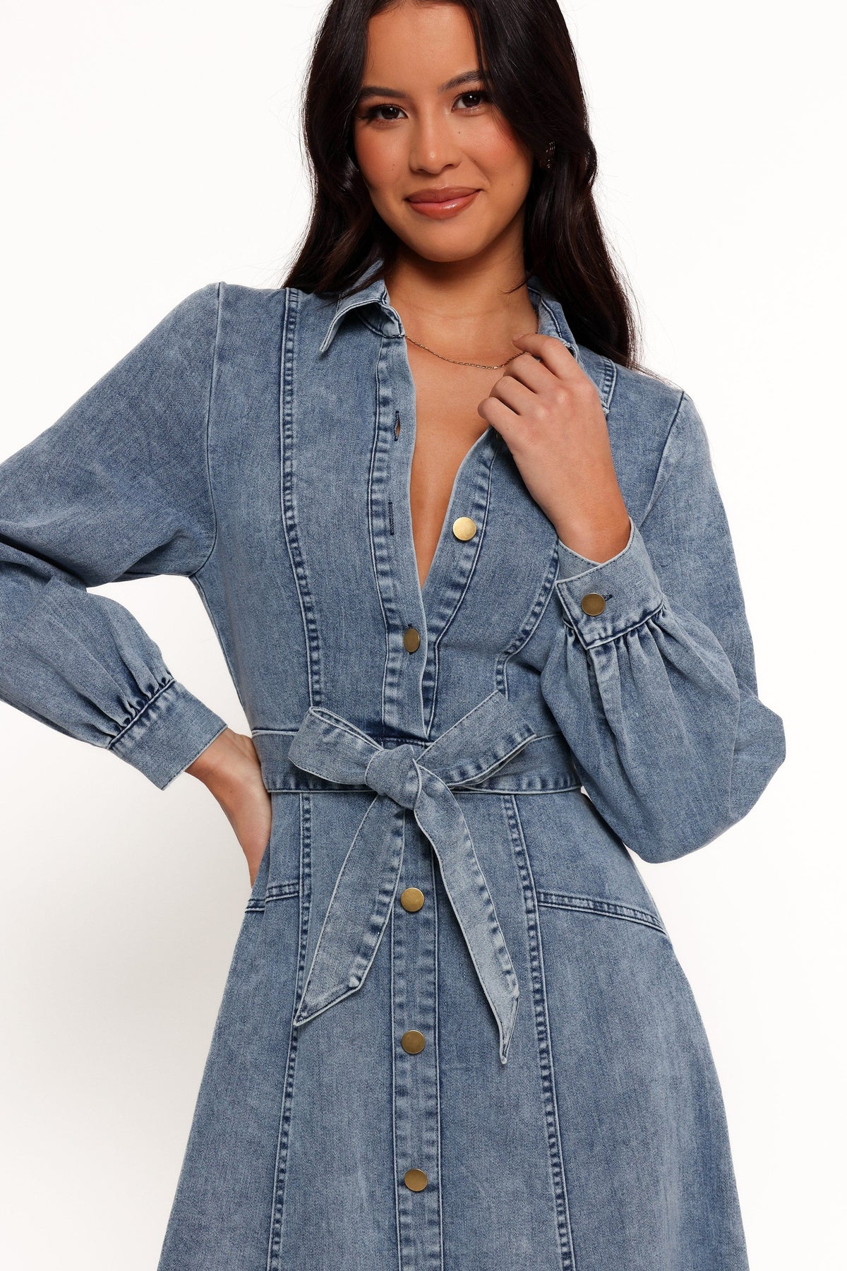 Emberly Long Sleeve Maxi Dress in Denim – view 5 of 7