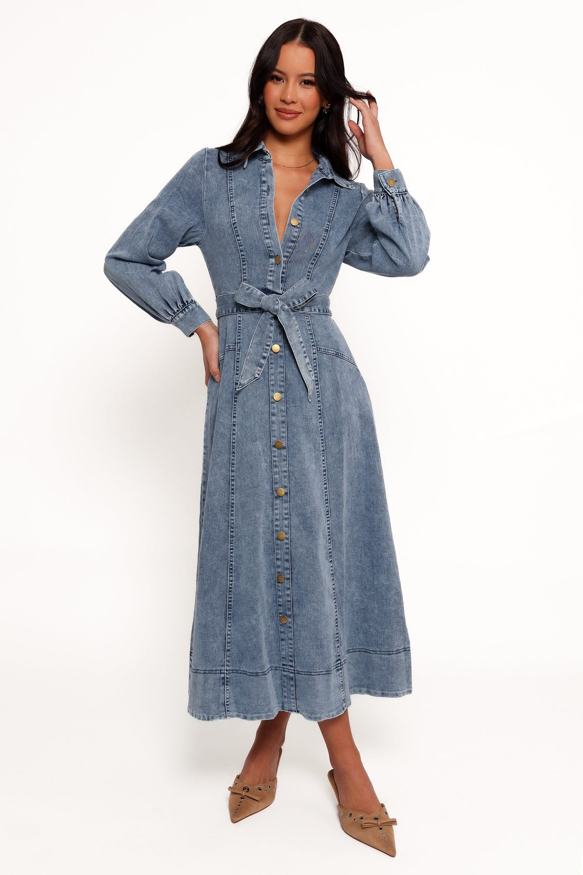 Emberly Long Sleeve Maxi Dress in Denim – view 6 of 7