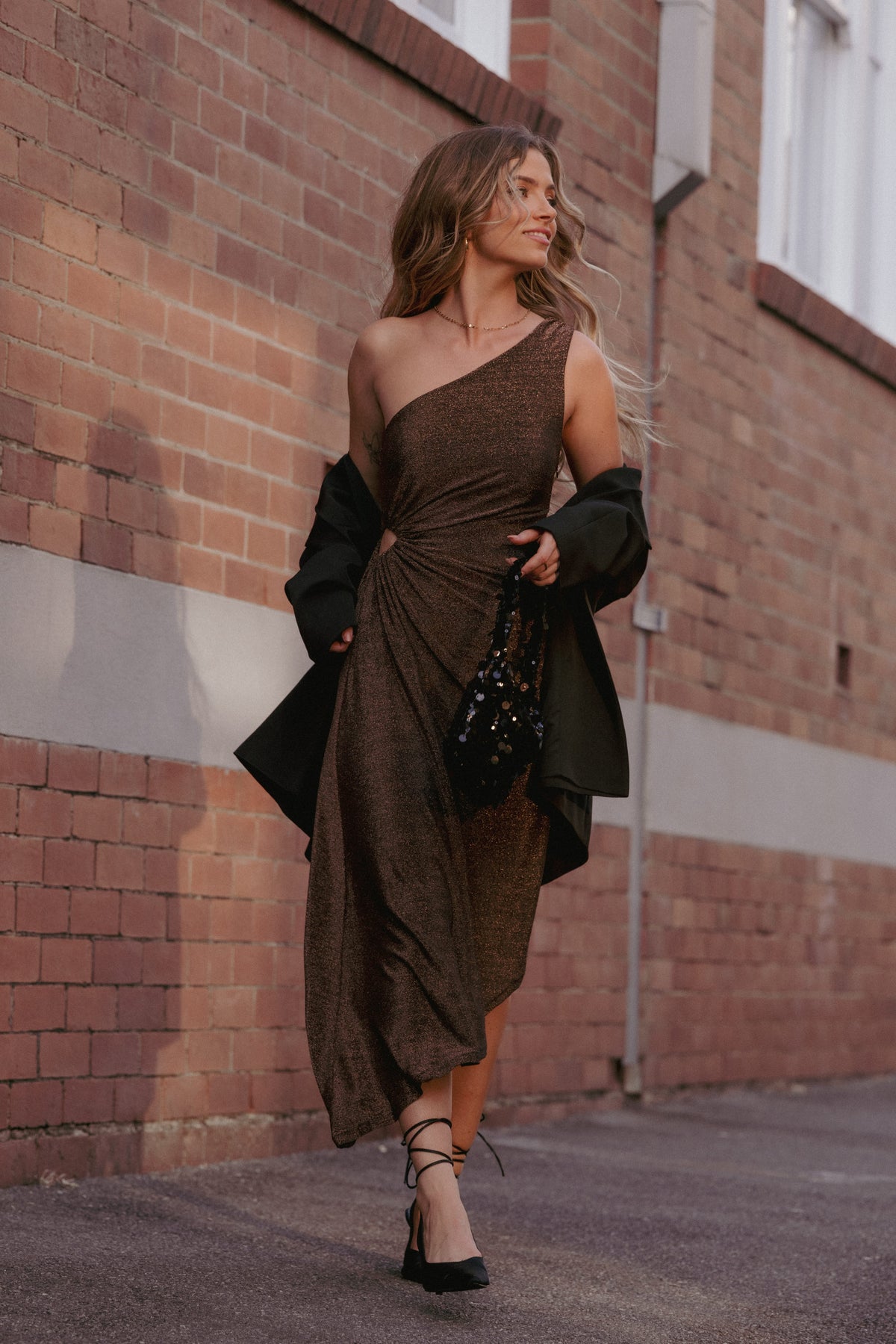 Emma One Shoulder Midi Dress in Vintage Gold – view 9 of 9