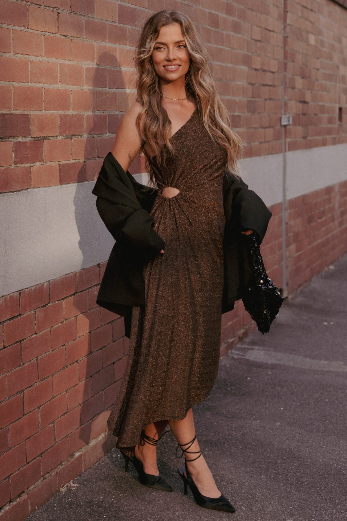 Emma One Shoulder Midi Dress in Vintage Gold – view 1 of 9