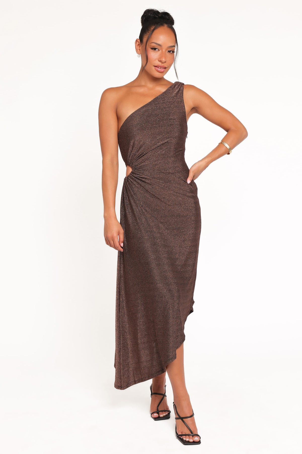 Emma One Shoulder Midi Dress in Vintage Gold – view 2 of 9