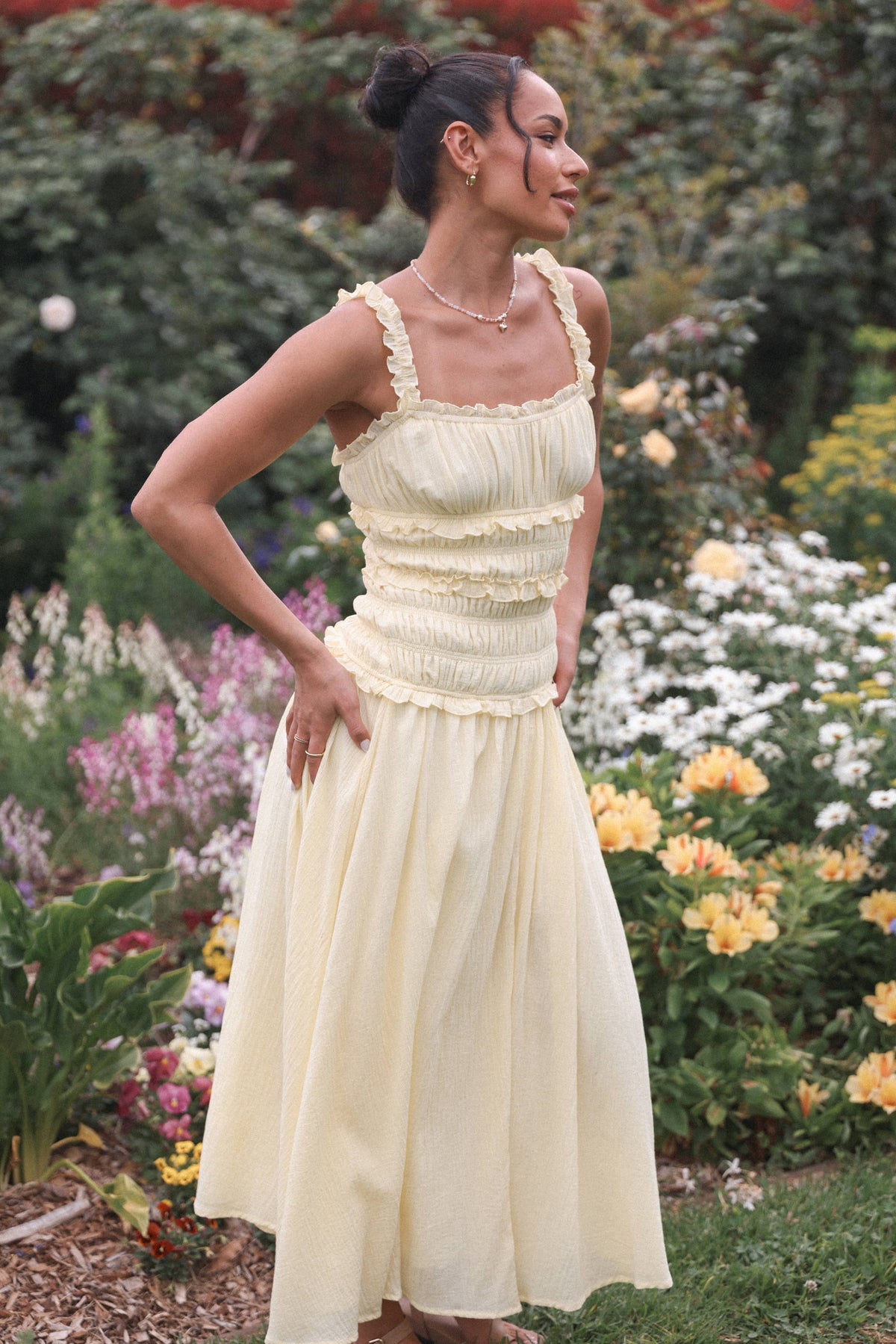 Enola Gather Midi Dress in Yellow – view 1 of 8