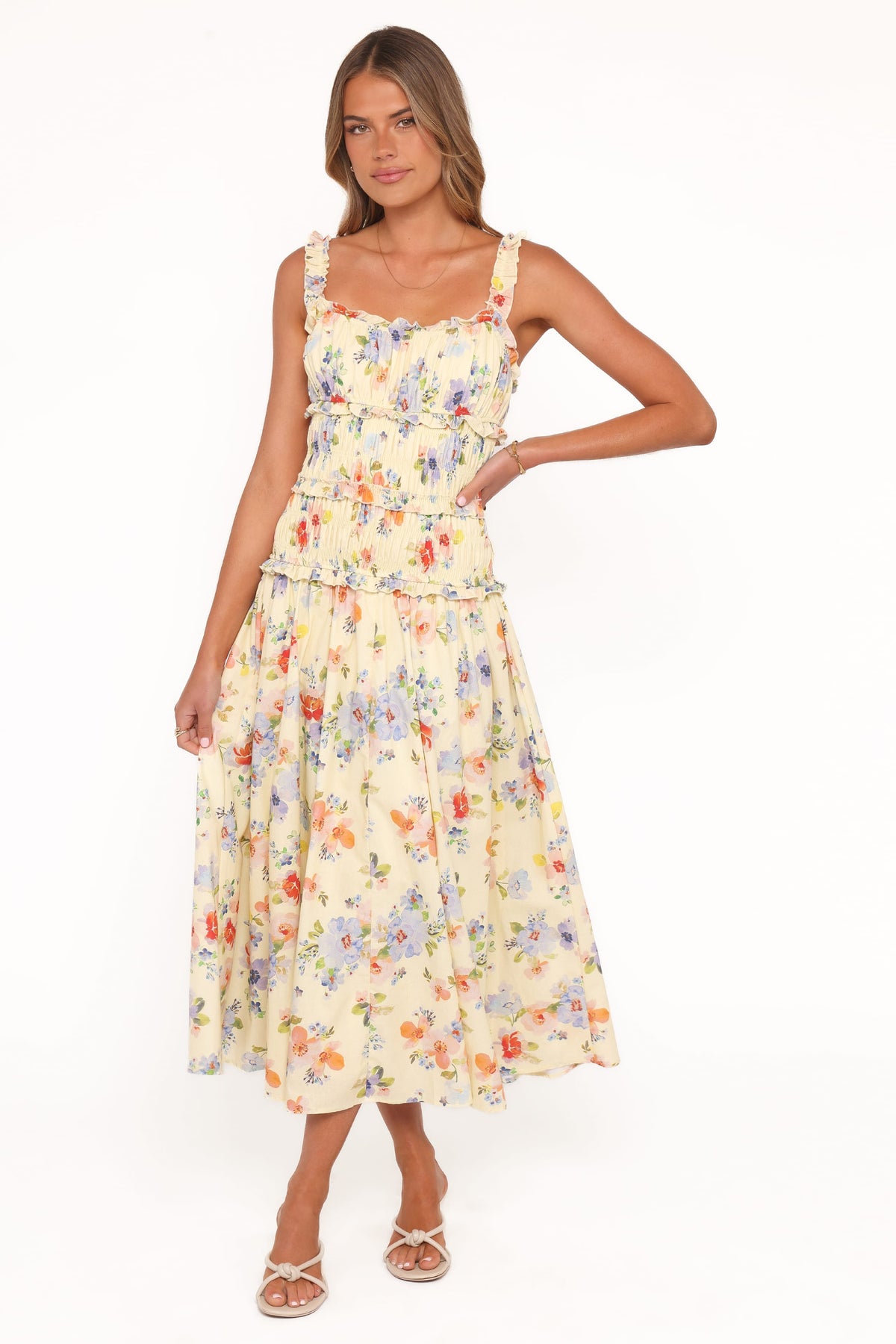 Enola Gather Midi Dress in Yellow Floral – view 2 of 7