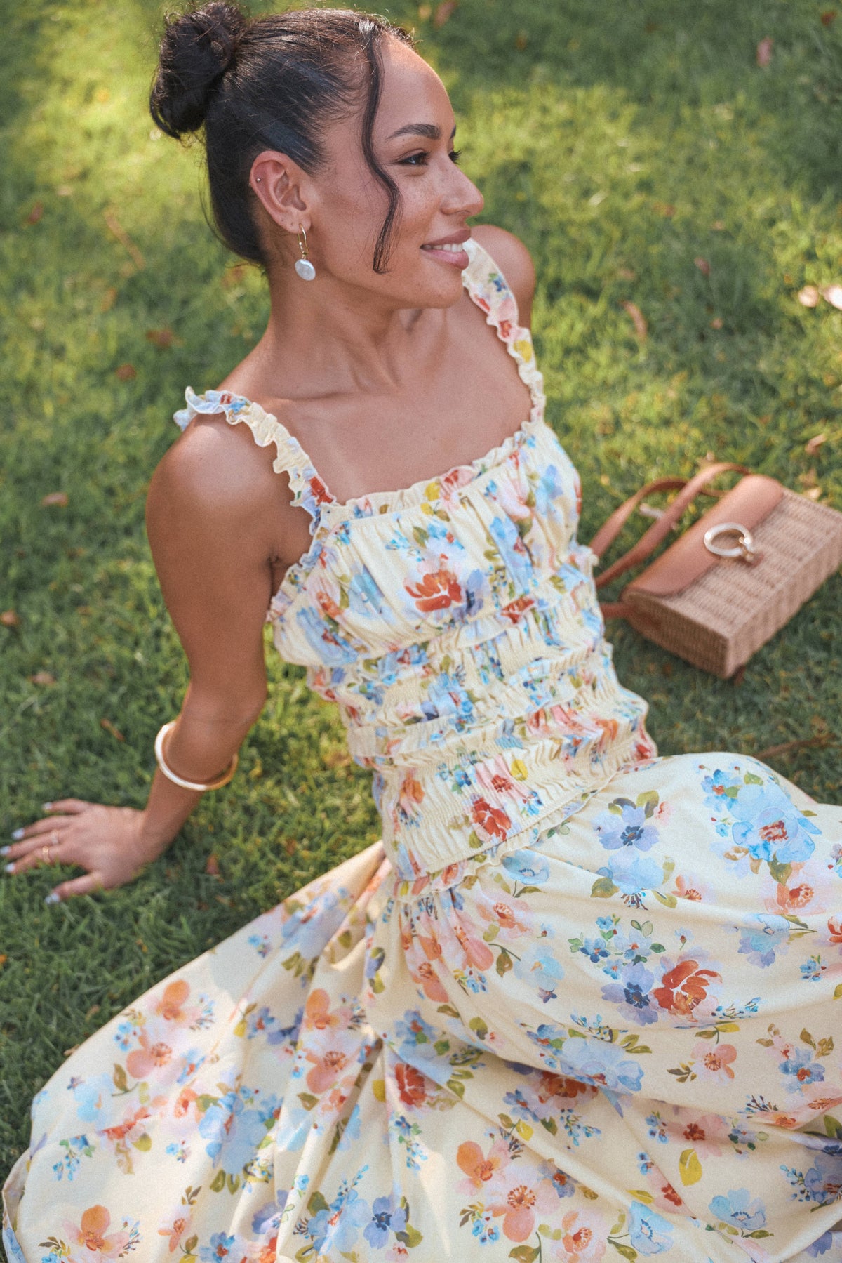 Enola Gather Midi Dress in Yellow Floral – view 7 of 7