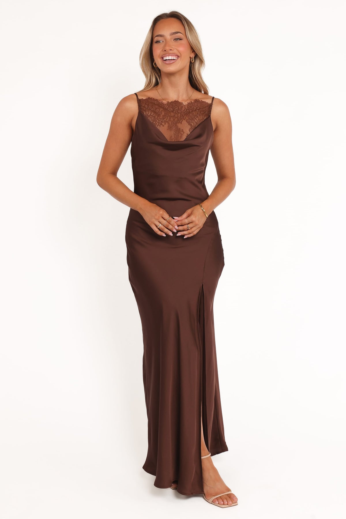 Evana Lace Maxi Dress in Brown – view 2 of 8