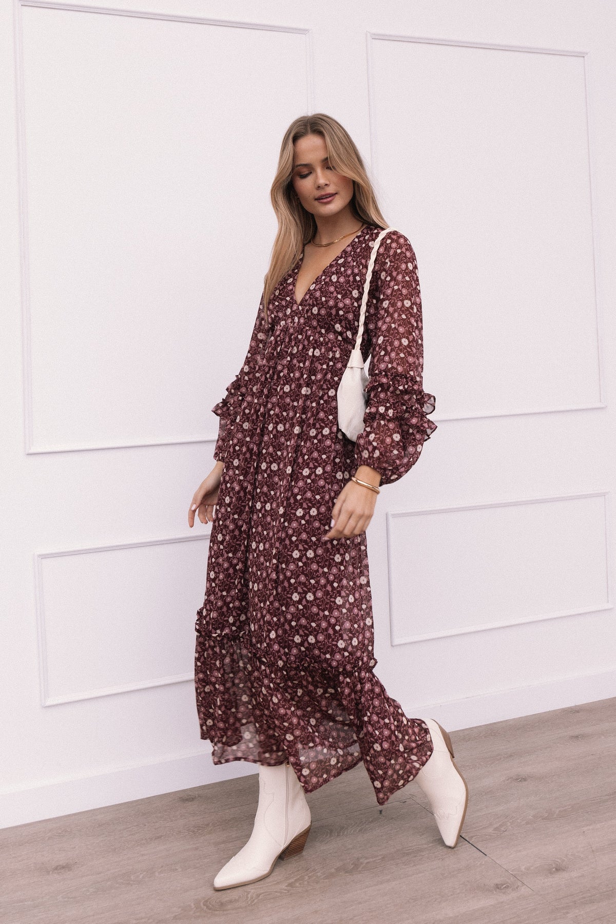 Evian Long Sleeve Maxi Dress in Burgundy Multi – view 2 of 9