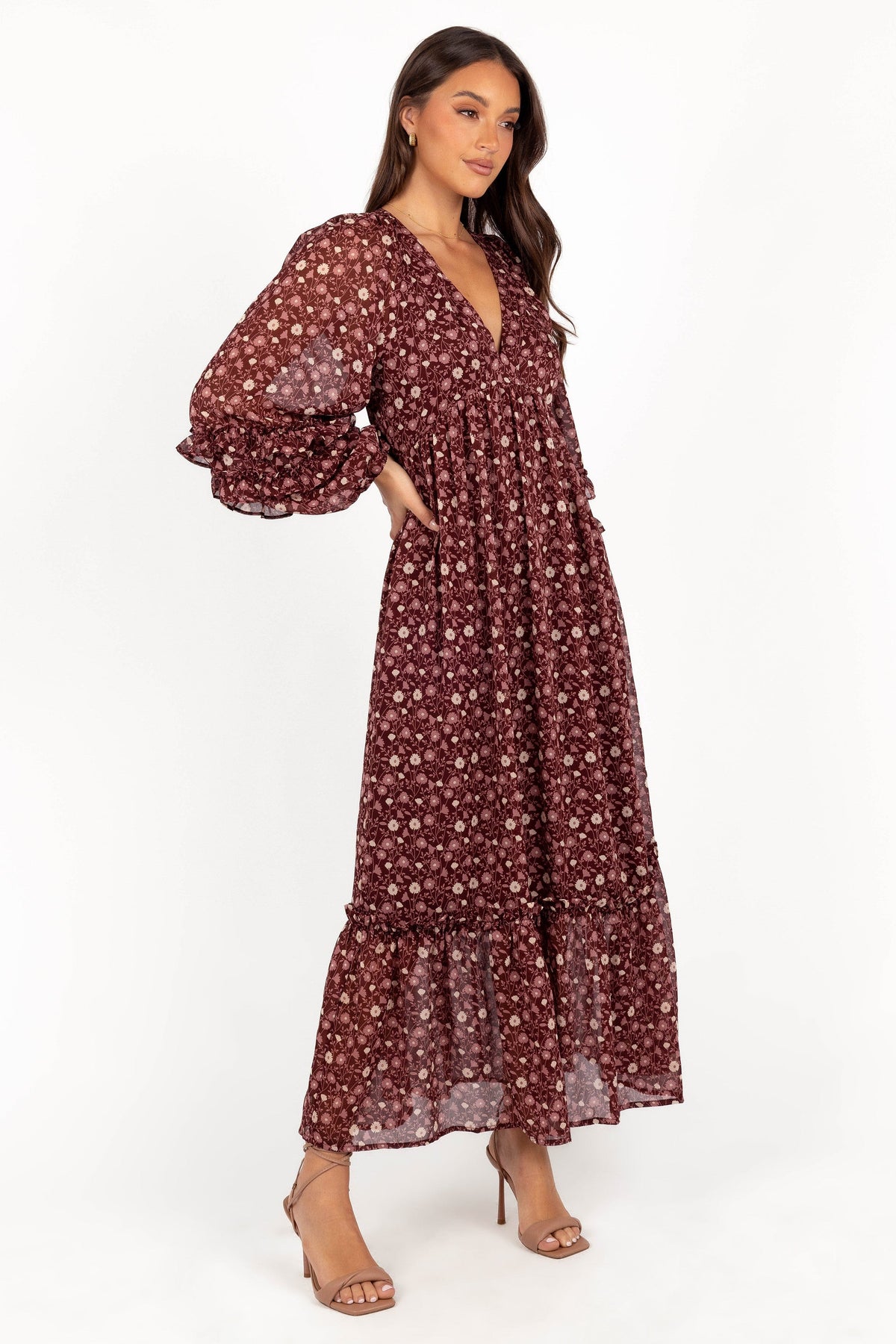 Evian Long Sleeve Maxi Dress in Burgundy Multi – view 7 of 9