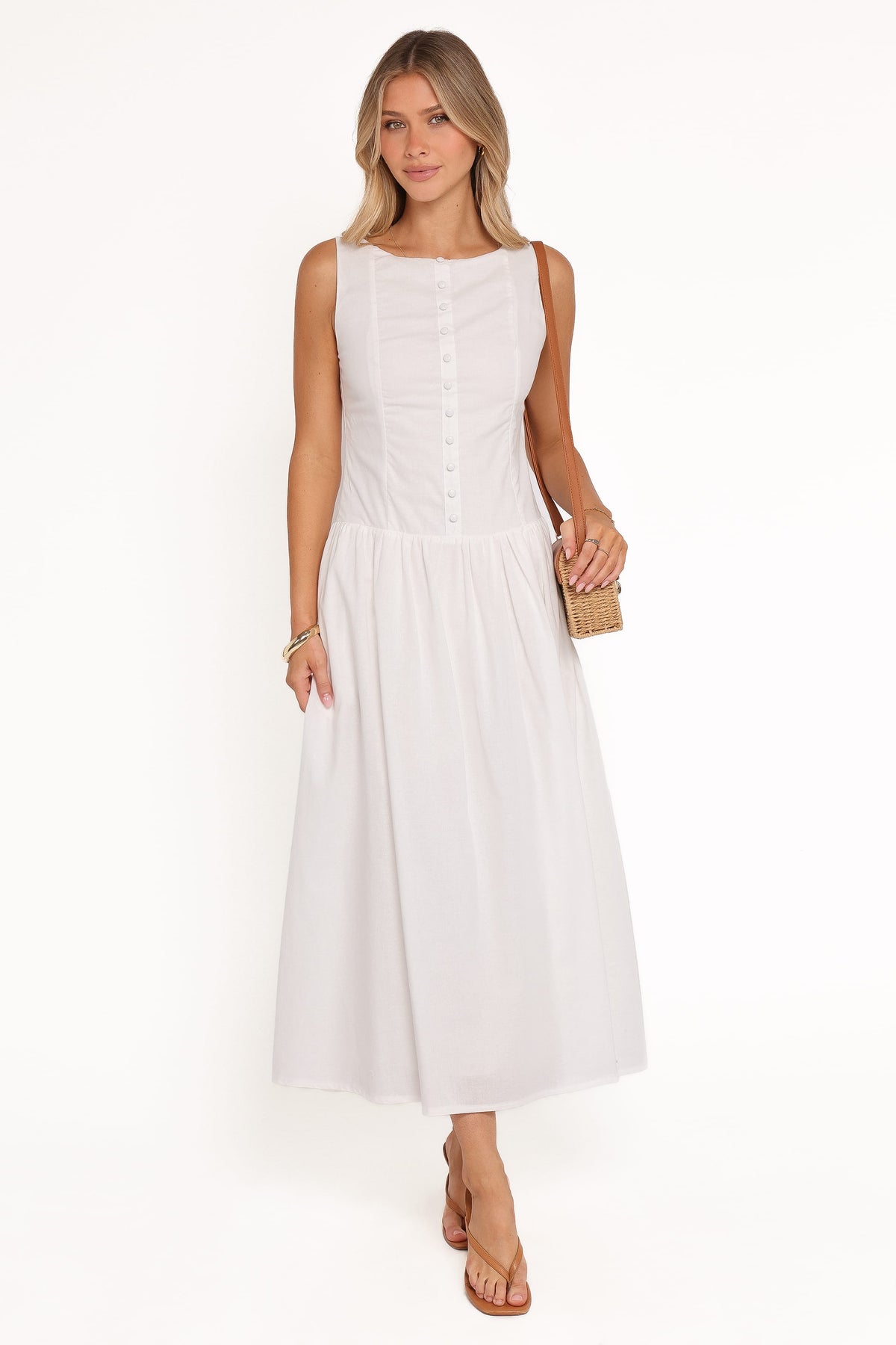 Evie Button Front Maxi Dress in White – view 2 of 8