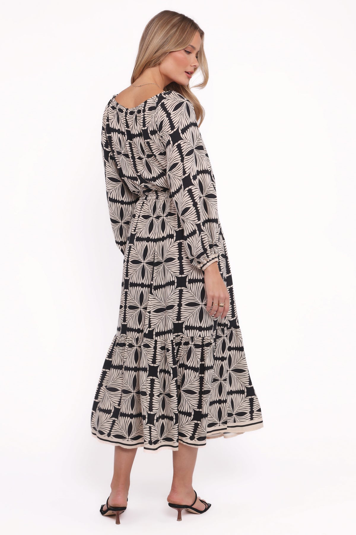 Faris Off Shoulder Midi Dress in Black Geo – view 4 of 5