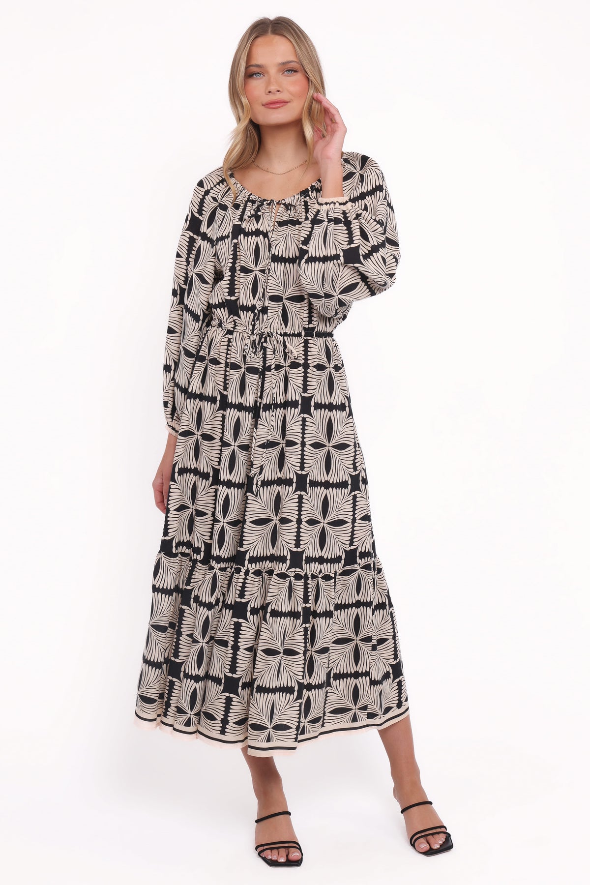 Faris Off Shoulder Midi Dress in Black Geo – view 1 of 5