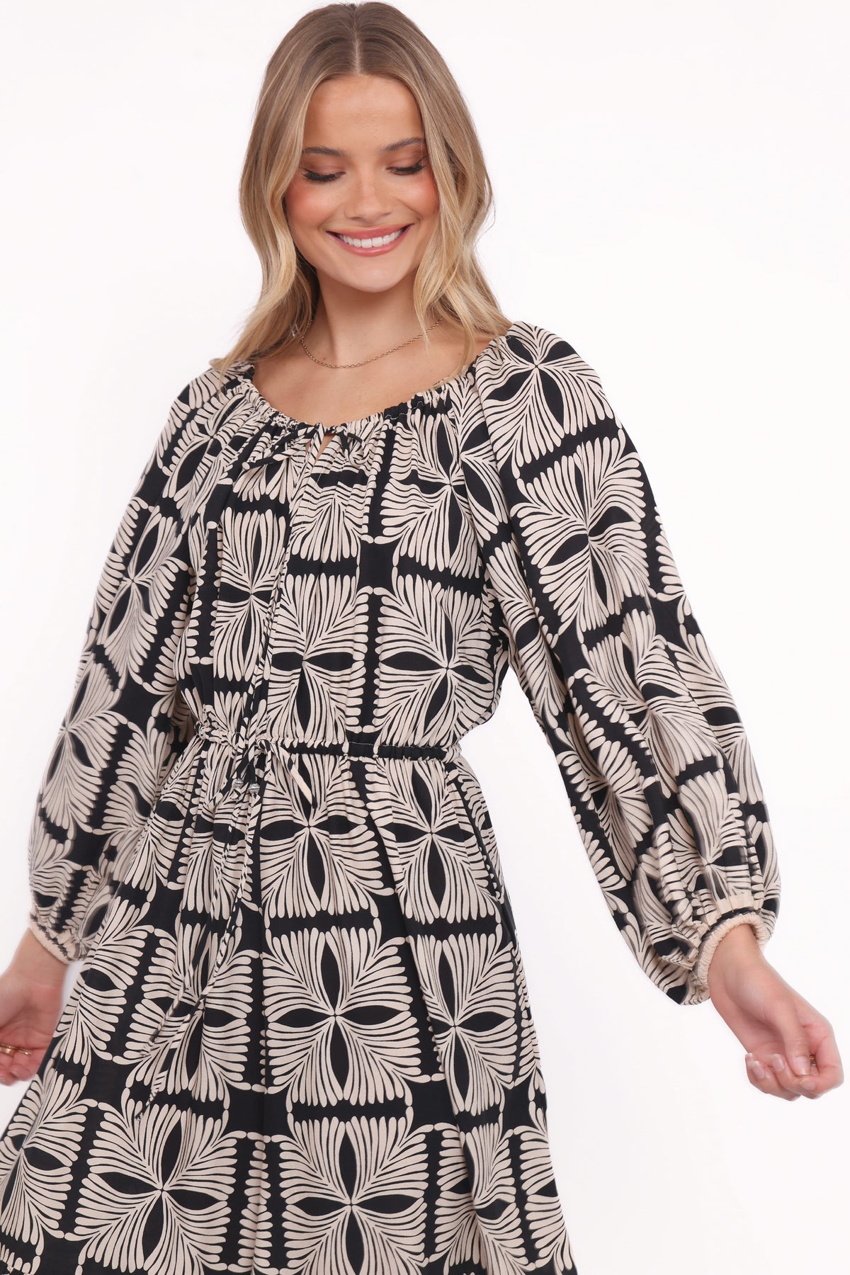 Faris Off Shoulder Midi Dress in Black Geo – view 2 of 5