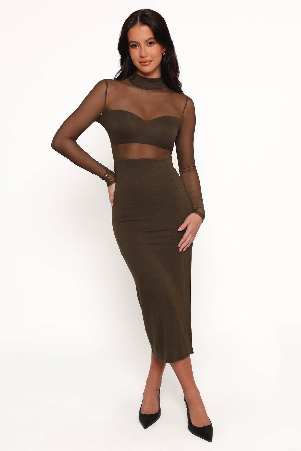 Farrow Long Sleeve Midi Dress in Olive – view 3 of 9