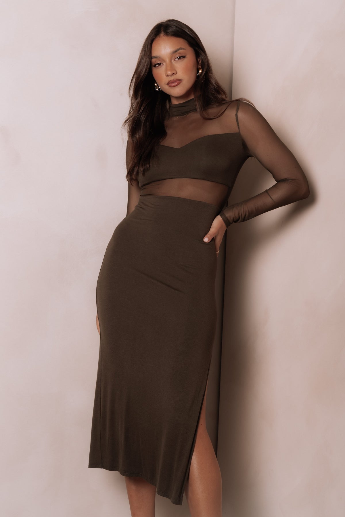 Farrow Long Sleeve Midi Dress in Olive – view 2 of 9