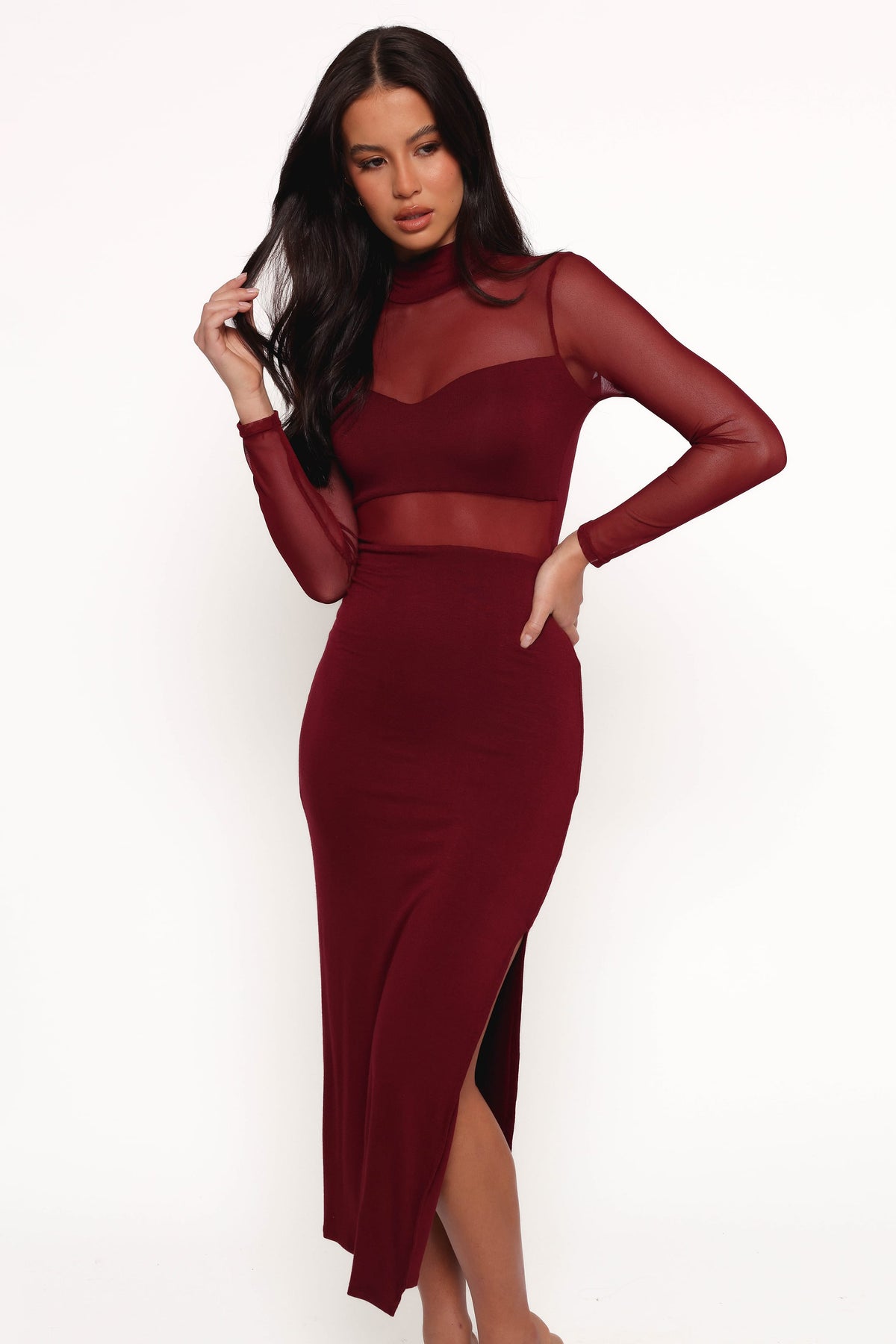 Farrow Long Sleeve Midi Dress in Wine – view 3 of 9