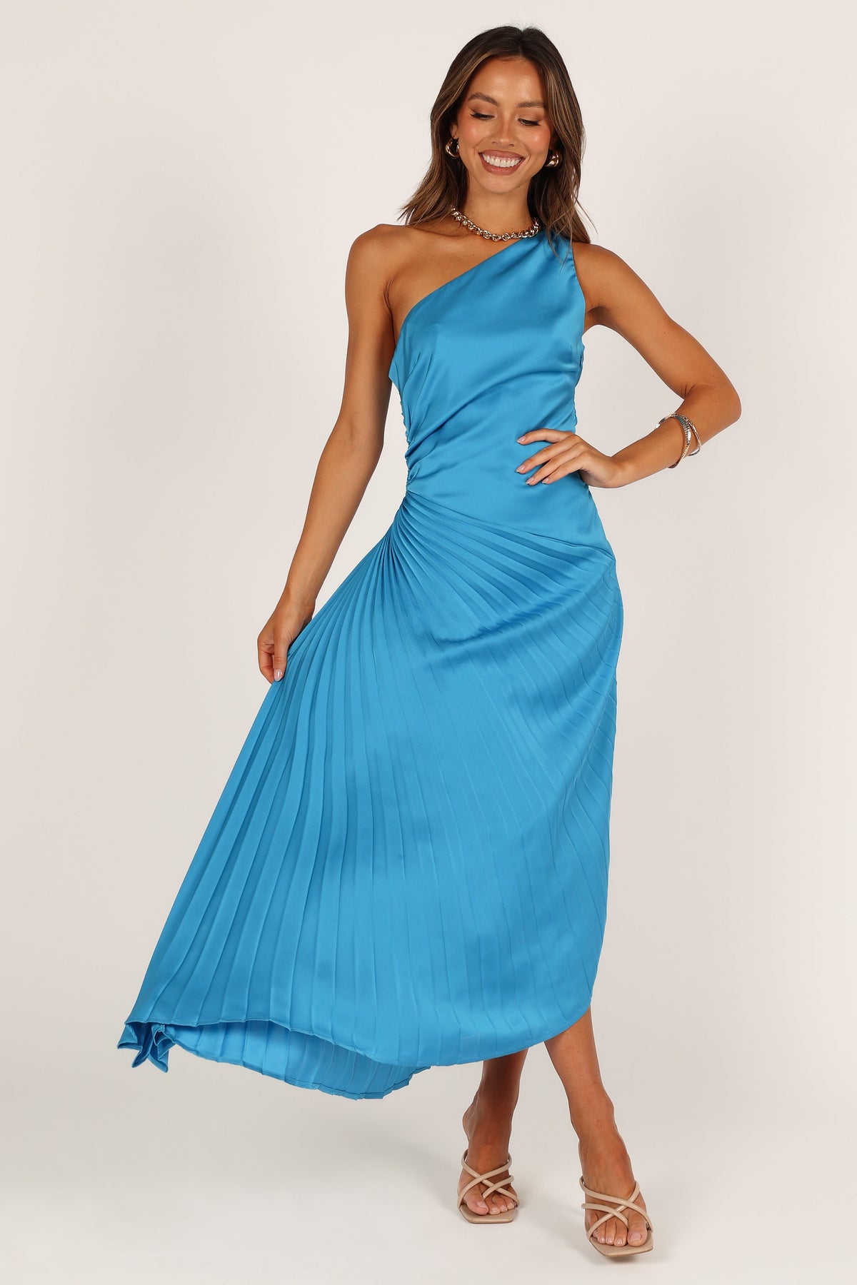 Flin Pleated One Shoulder Midi Dress in Blue – view 3 of 6