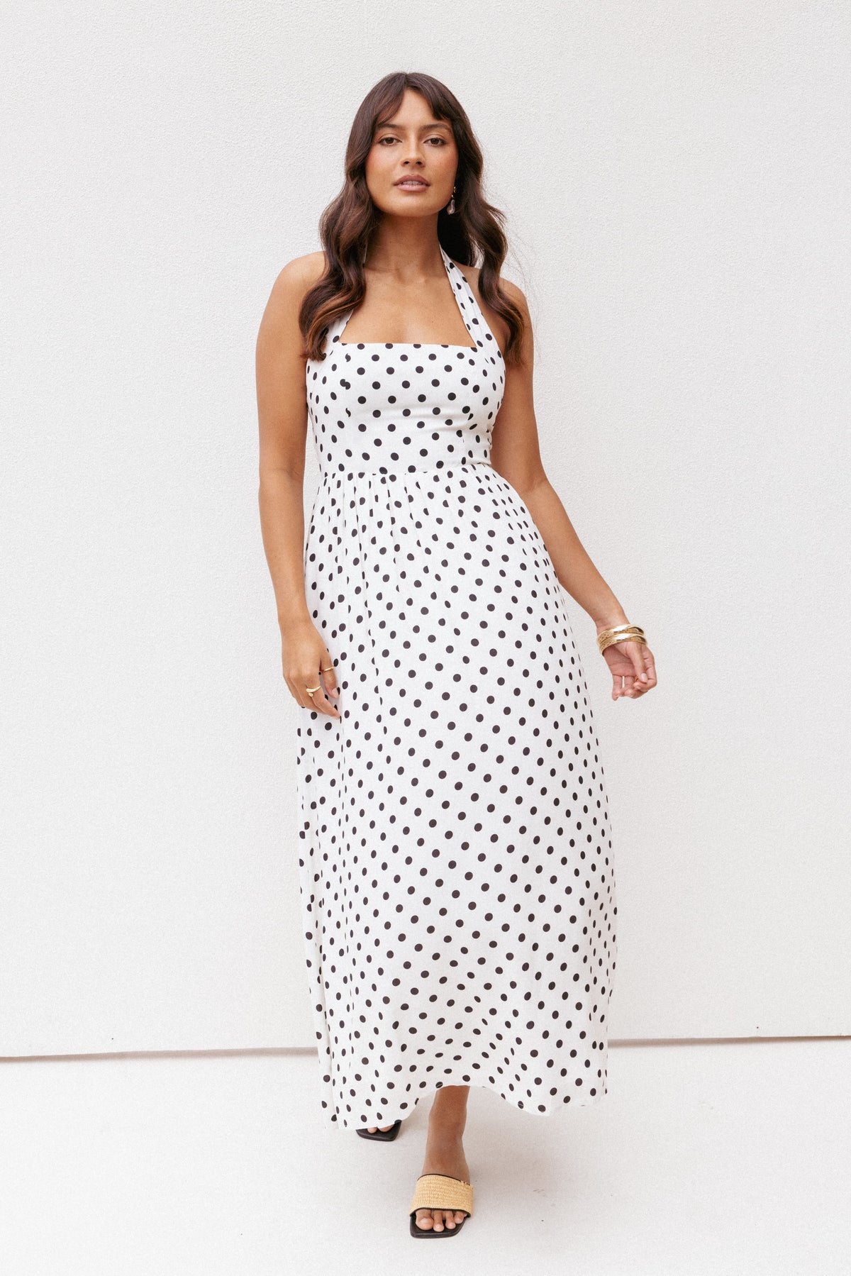 Gemini Halterneck Maxi Dress in White Polka Dot – view 1 of 7