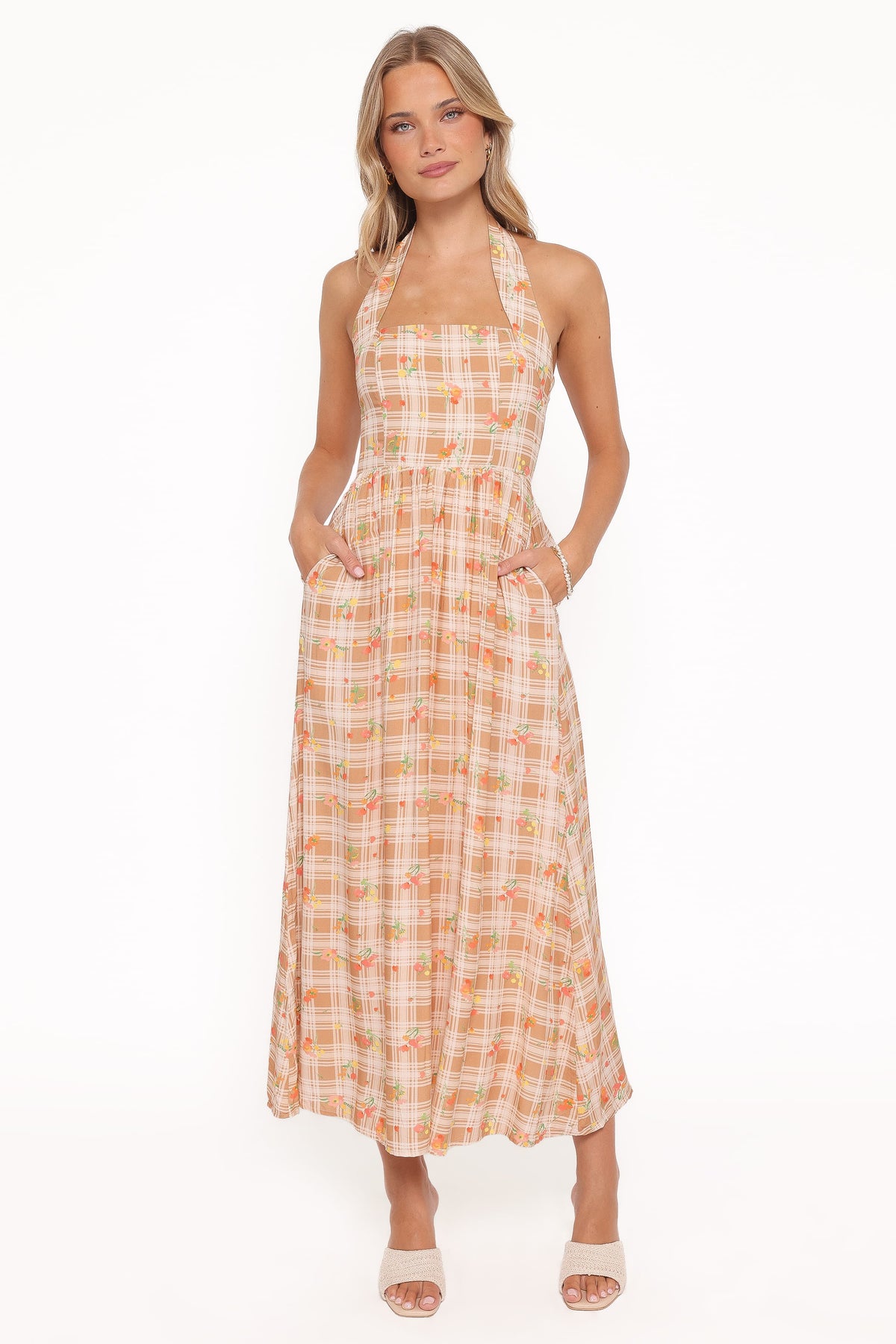 Gemini Halterneck Maxi Dress in Yellow Floral Gingham – view 2 of 8
