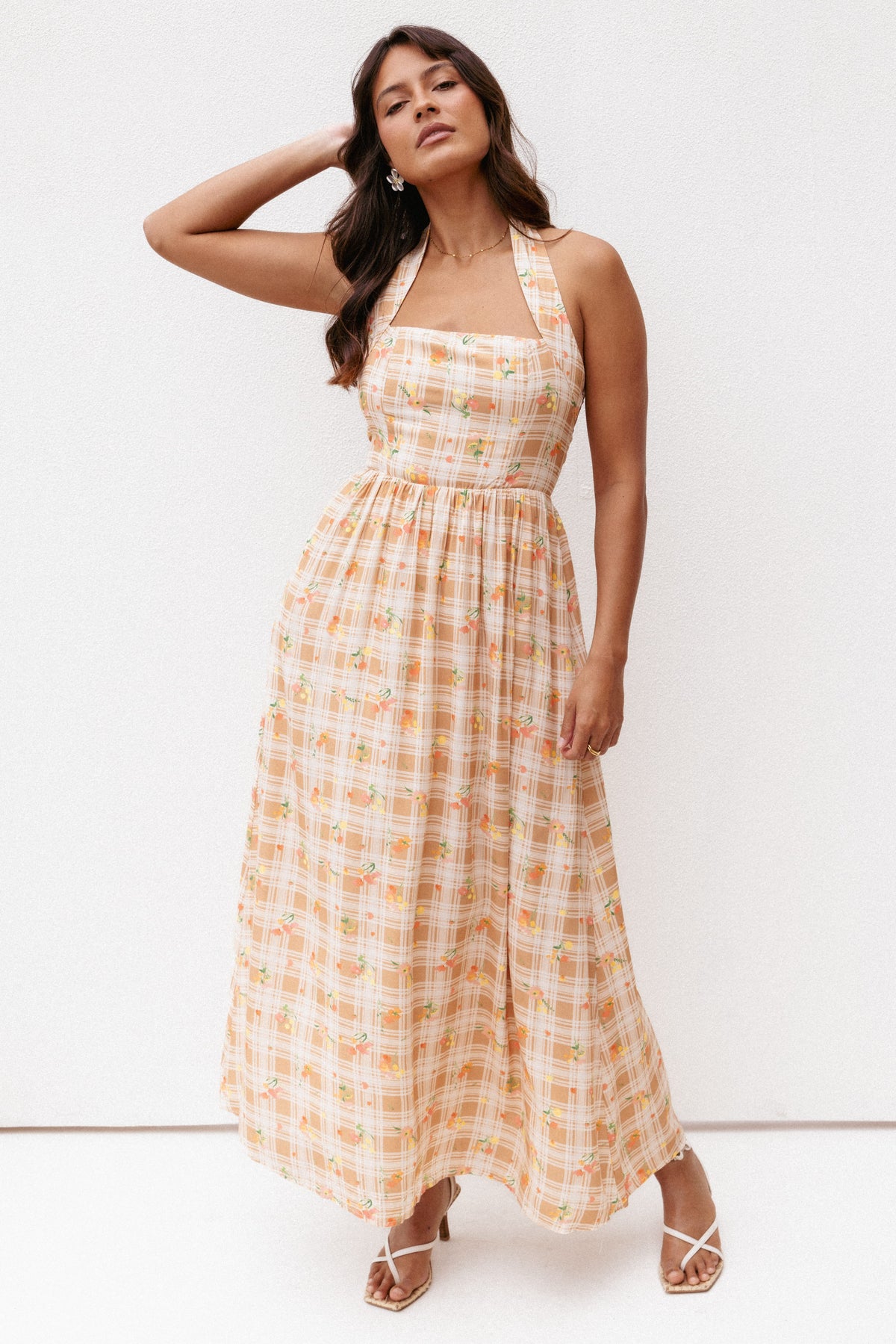 Gemini Halterneck Maxi Dress in Yellow Floral Gingham – view 8 of 8