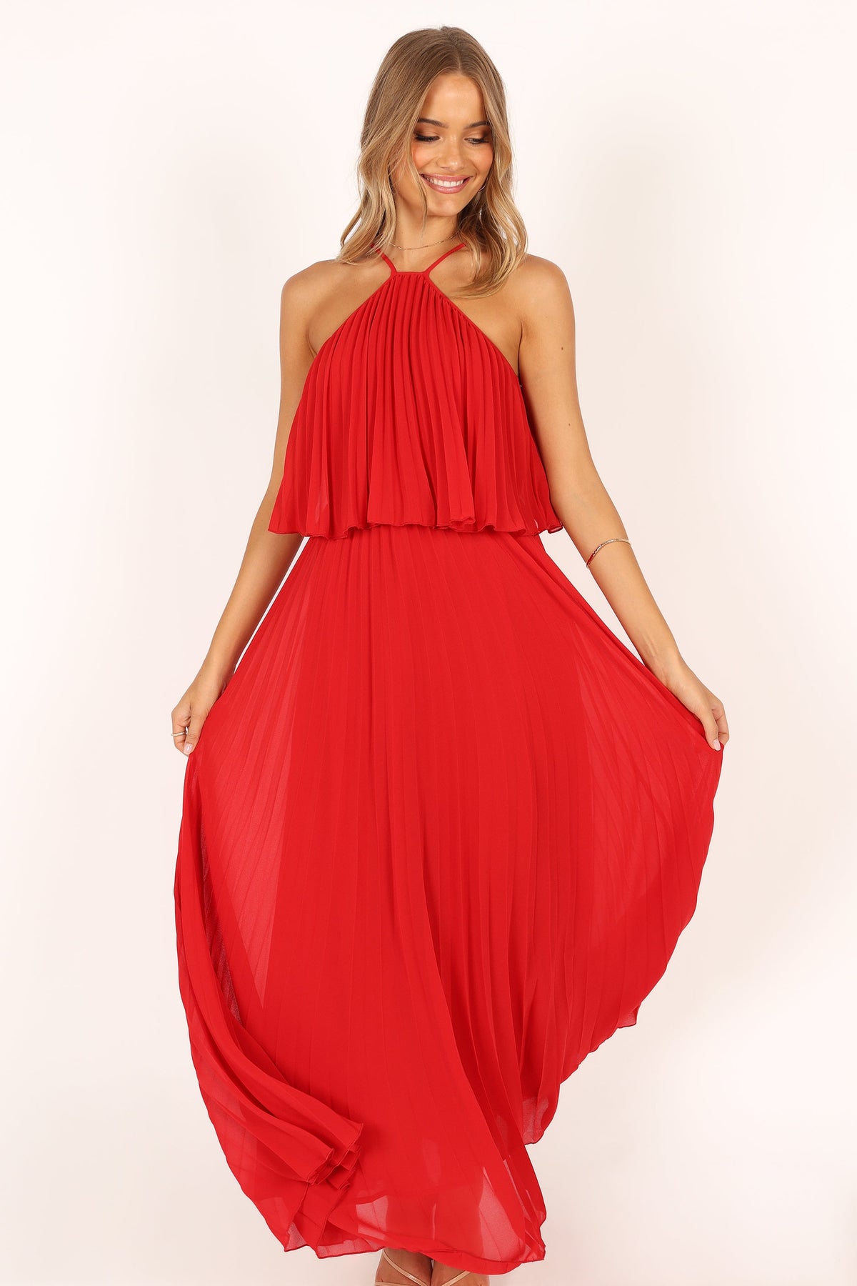 Gia Pleated Halterneck Maxi Dress in Red – view 3 of 10