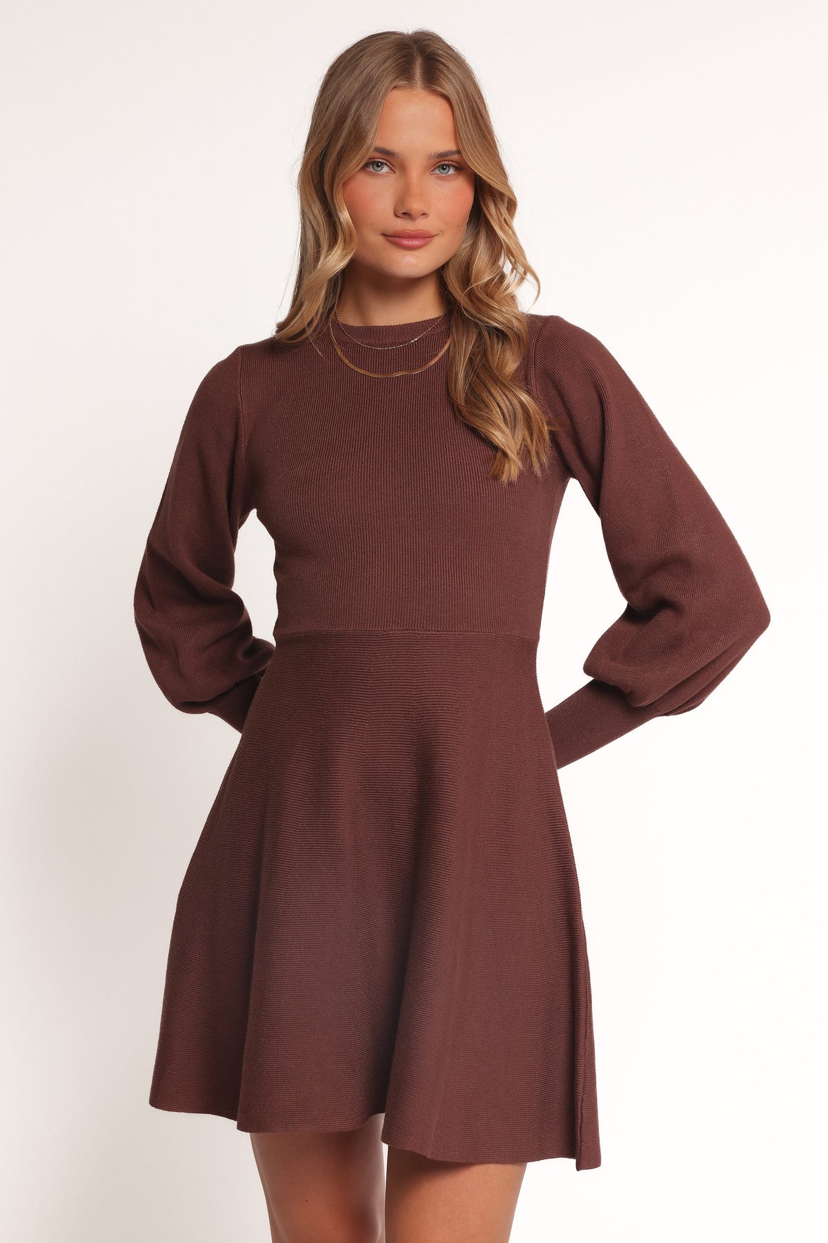 Gigi Long Sleeve Mini Dress in Brown – view 1 of 7