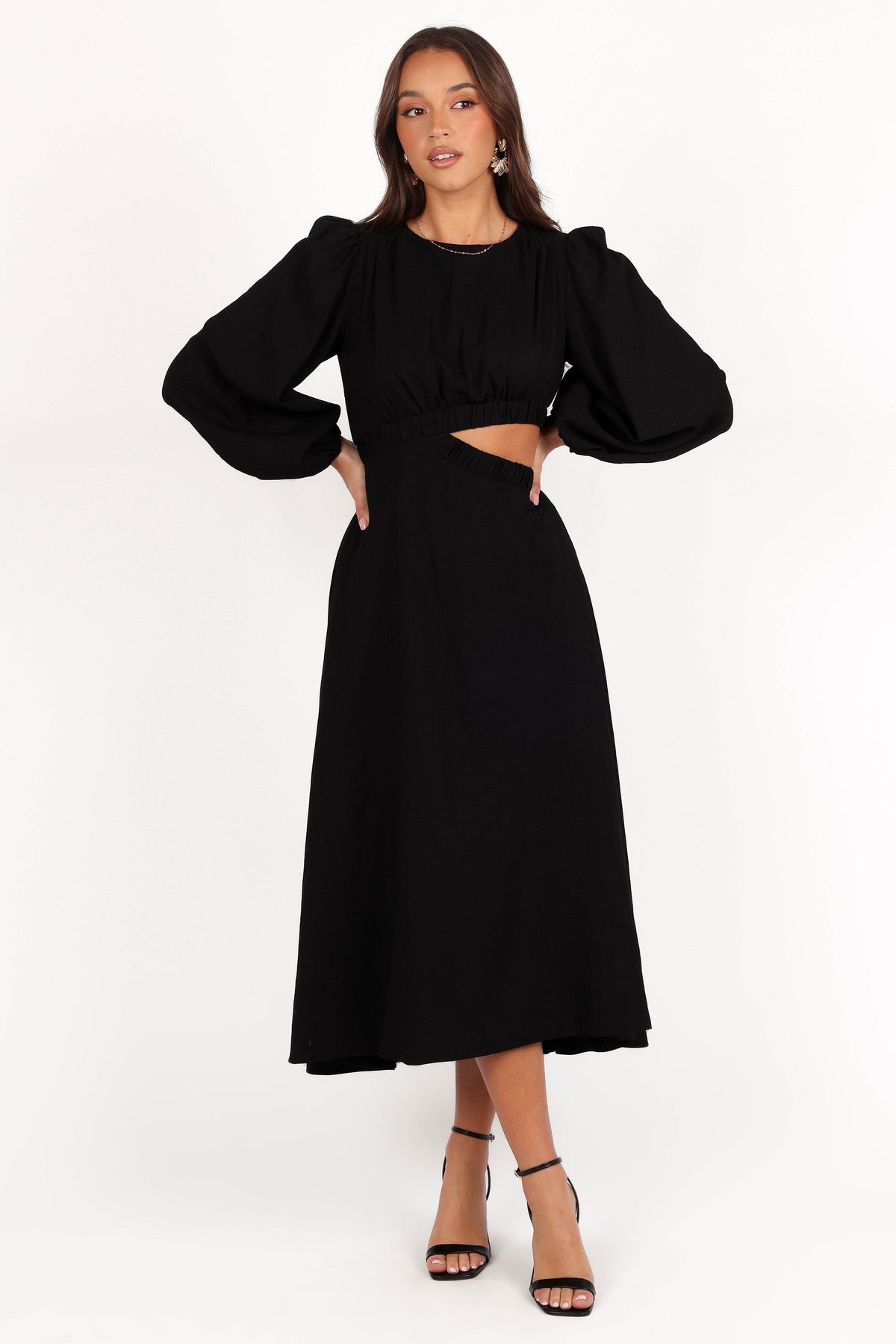 Ginnee Puff Sleeve Cutout Midi Dress in Black – view 1 of 8