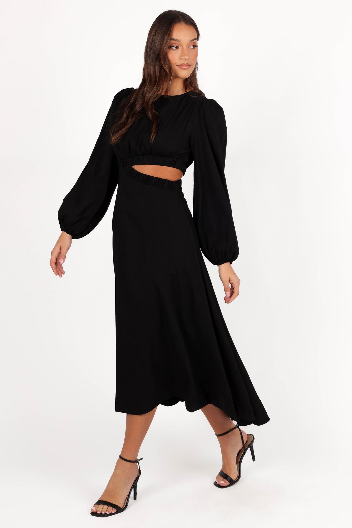 Ginnee Puff Sleeve Cutout Midi Dress in Black – view 4 of 8