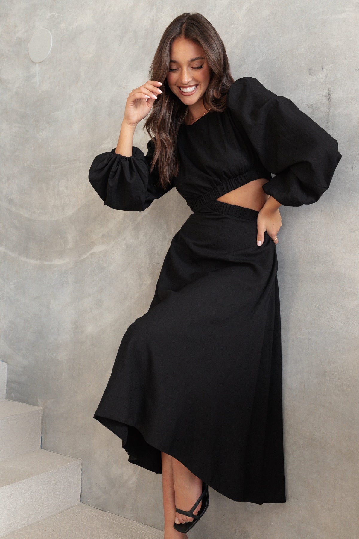 Ginnee Puff Sleeve Cutout Midi Dress in Black – view 2 of 8
