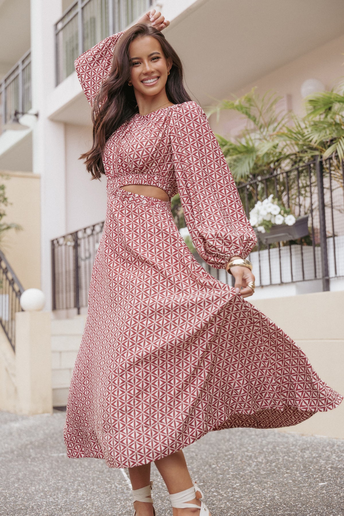 Ginnee Puff Sleeve Cutout Midi Dress in Brown Geo – view 1 of 6