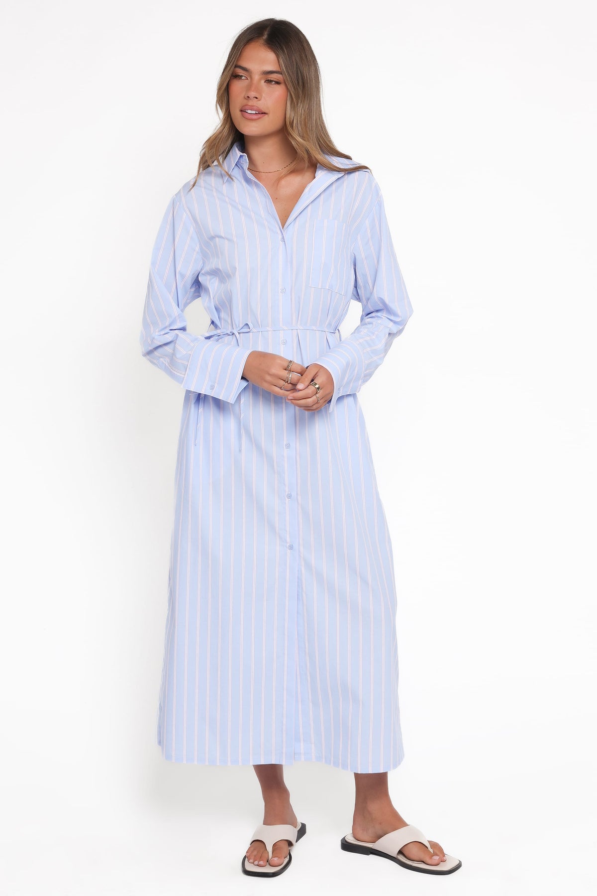 Harlan Long Sleeve Midi Dress in Blue Pink Stripe – view 6 of 9