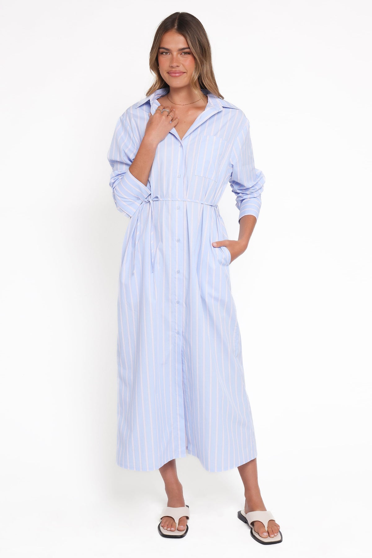 Harlan Long Sleeve Midi Dress in Blue Pink Stripe – view 7 of 9